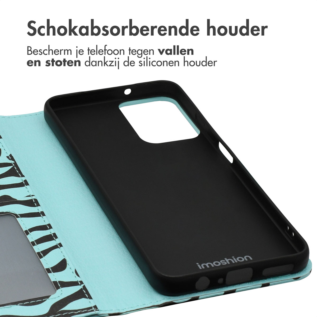 Een telefoonhoesje, open, met een zwart interieur en een blauwgroen exterieur.