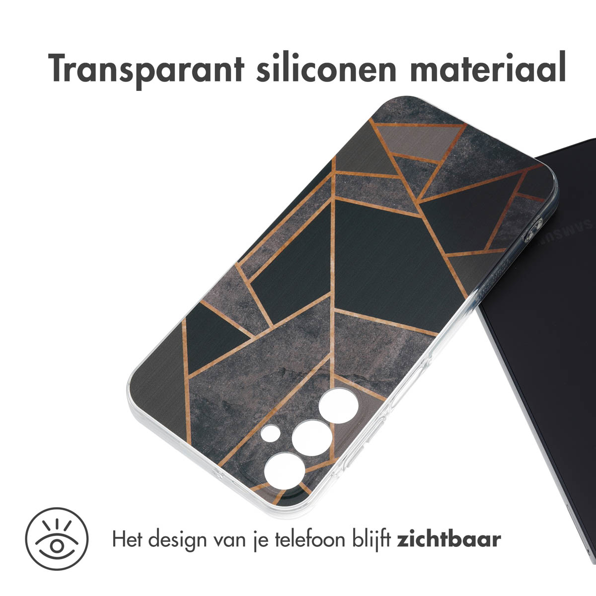 Telefoonhoesje met geometrisch ontwerp. Zwart en goud patroon. Transparant siliconen materiaal.