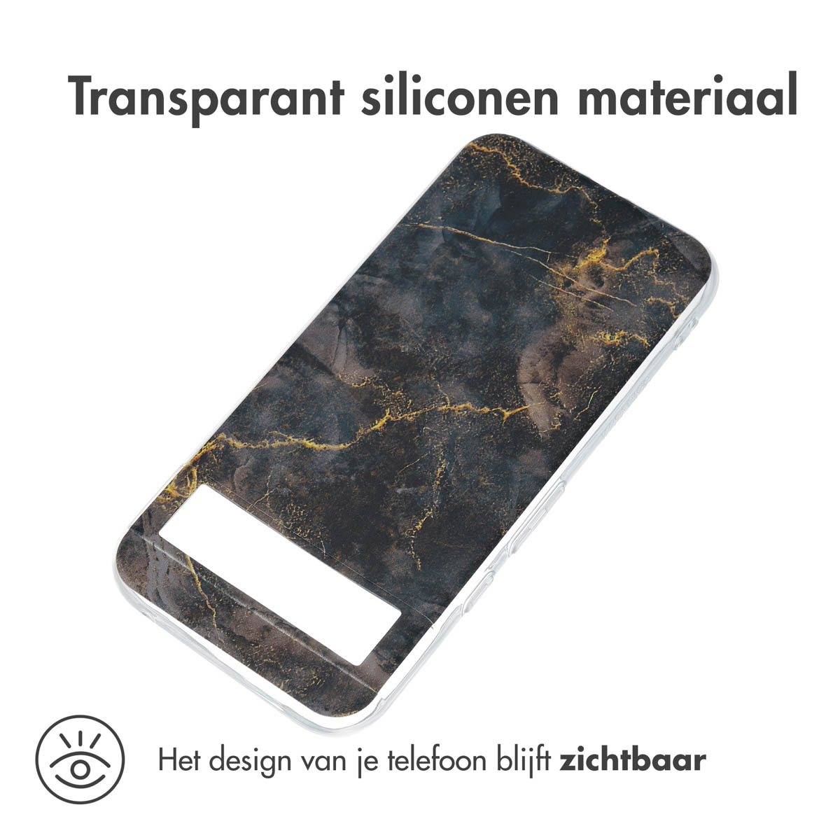 Handyhülle mit schwarzem Marmordesign. Transparentes Silikonmaterial.