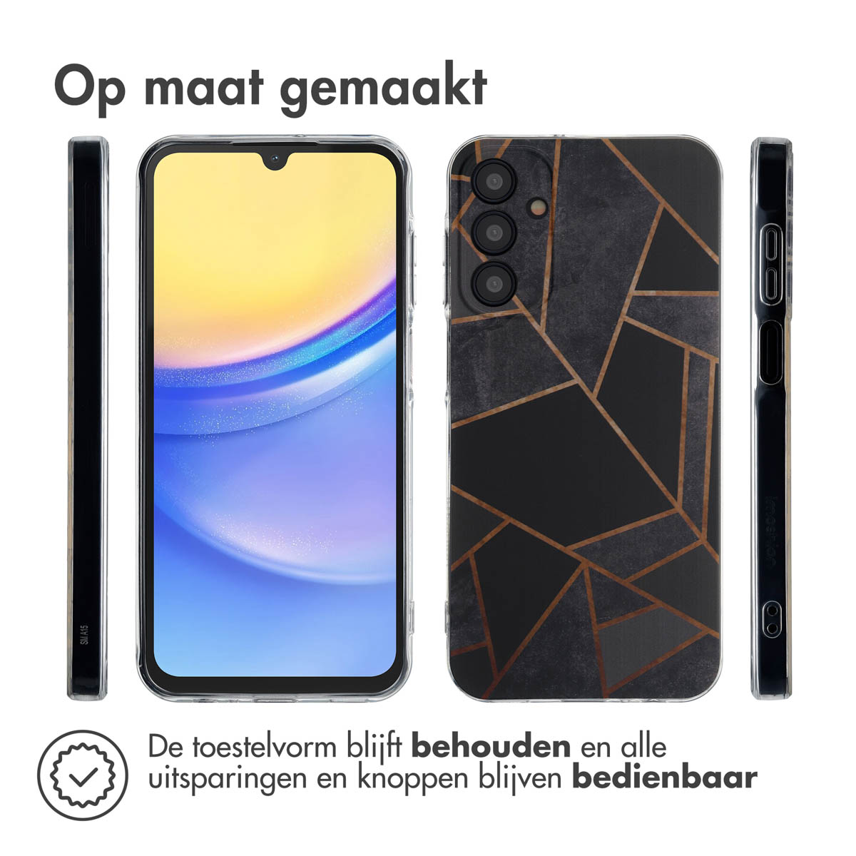 Telefoonhoesje met zwart en goud geometrisch patroon. Telefoon zit in de case. Meerdere hoeken.