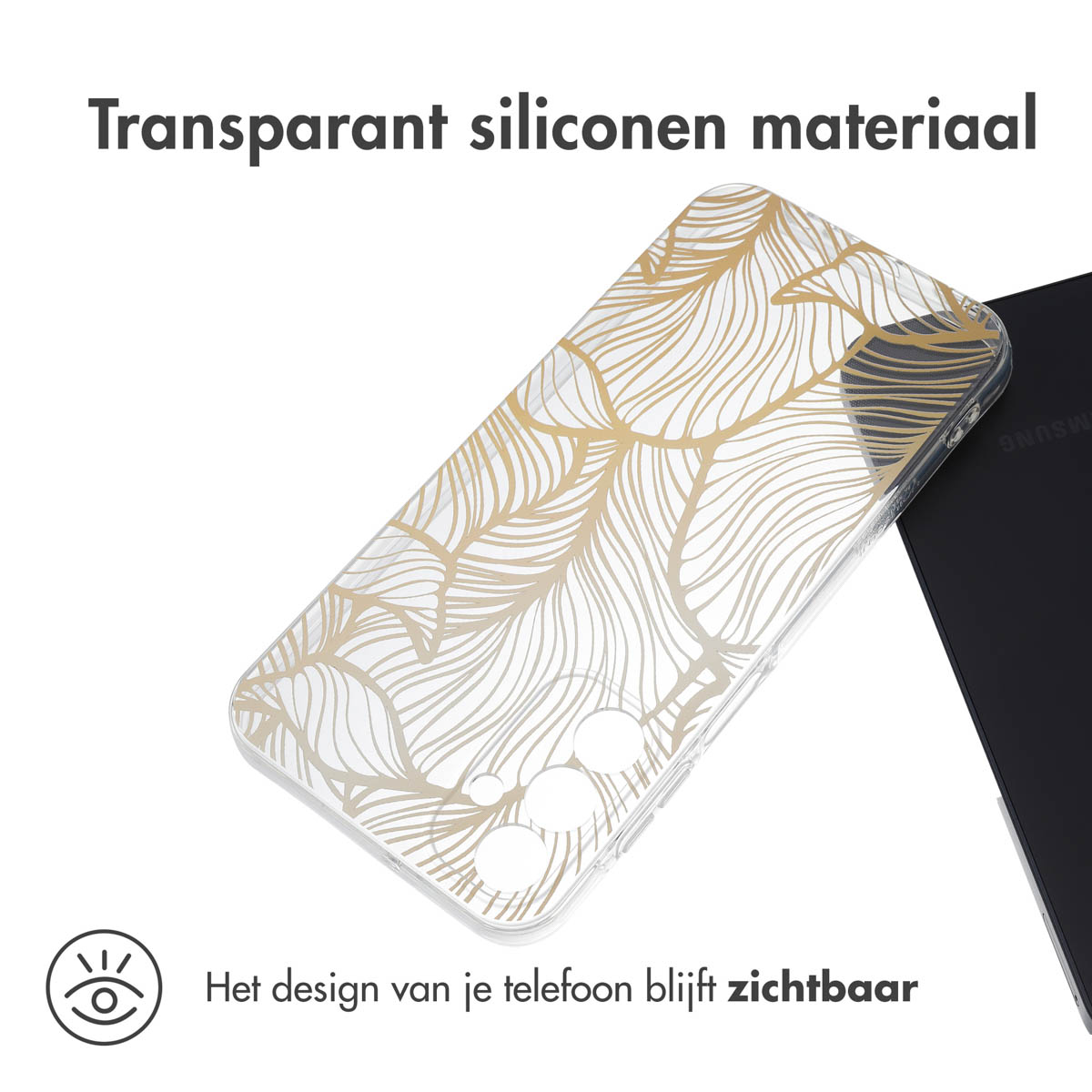 Een transparante telefoonhoes met een goudkleurig bladontwerp op een zwarte telefoon, op een wit oppervlak.