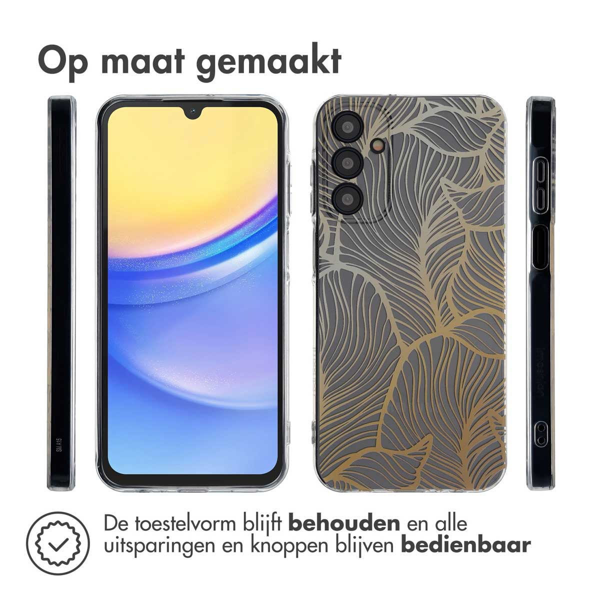 Telefoonhoesje met bladpatroon. De hoes vanuit verschillende hoeken weergegeven.
