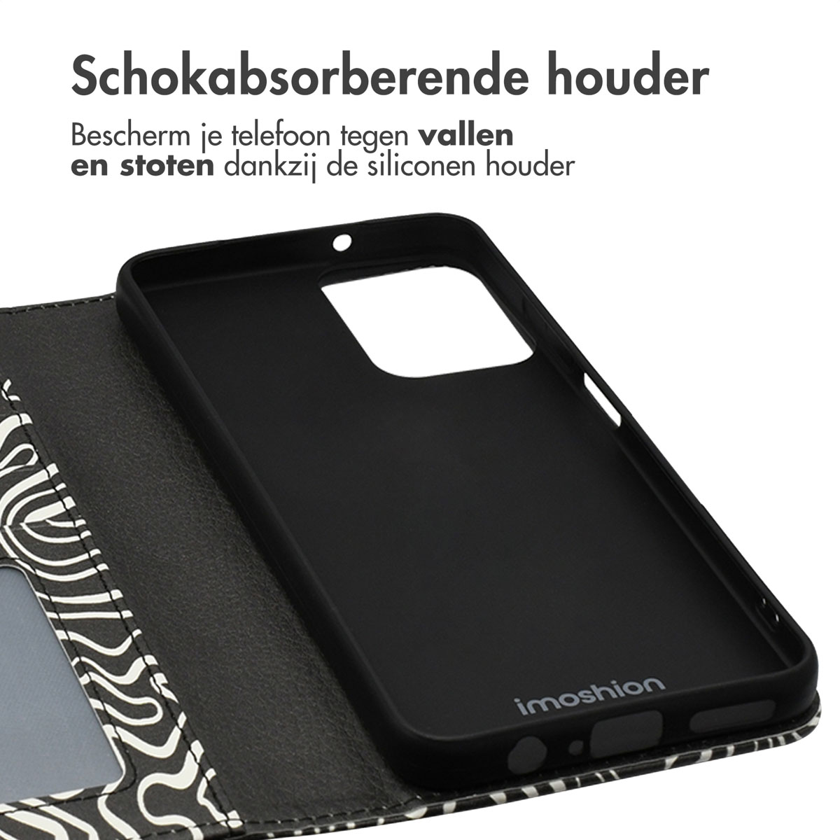 Zwarte telefoonhoes, open, met interieur. Zwarte hoes en een zwart-wit patroon portemonnee.