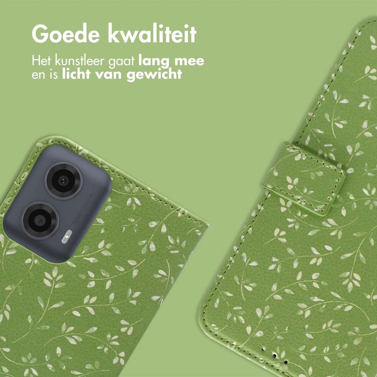 Groen telefoonhoesje met wit bladerenpatroon. Telefoon met zichtbare camera.