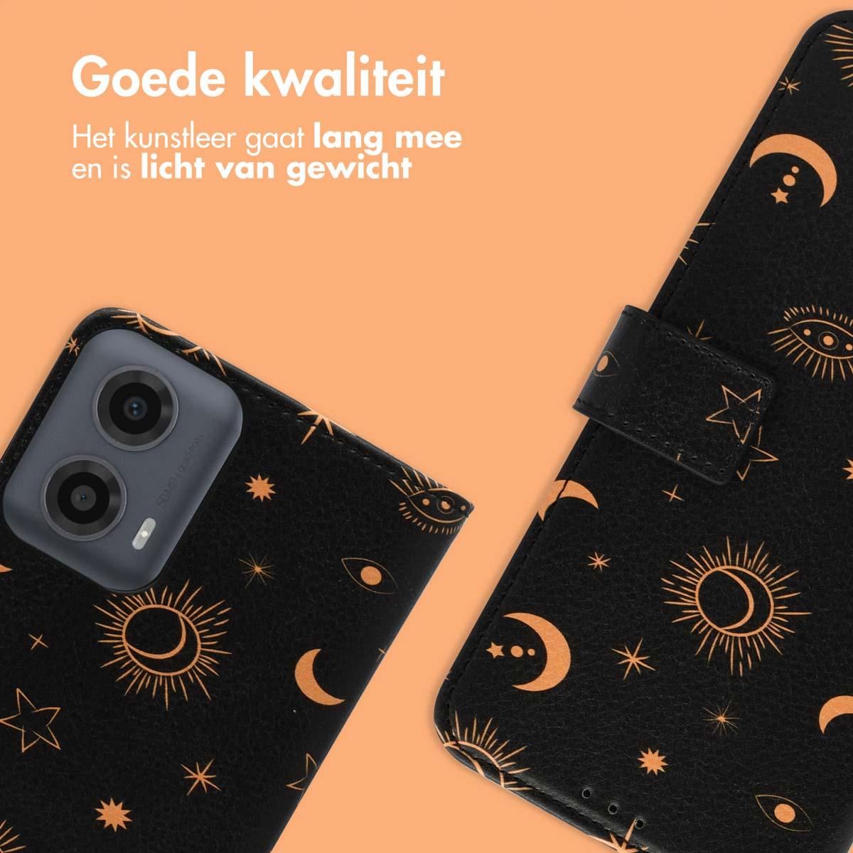Telefoonhoesje met maan- en sterrenpatroon. Toont de hoes open en dicht.
