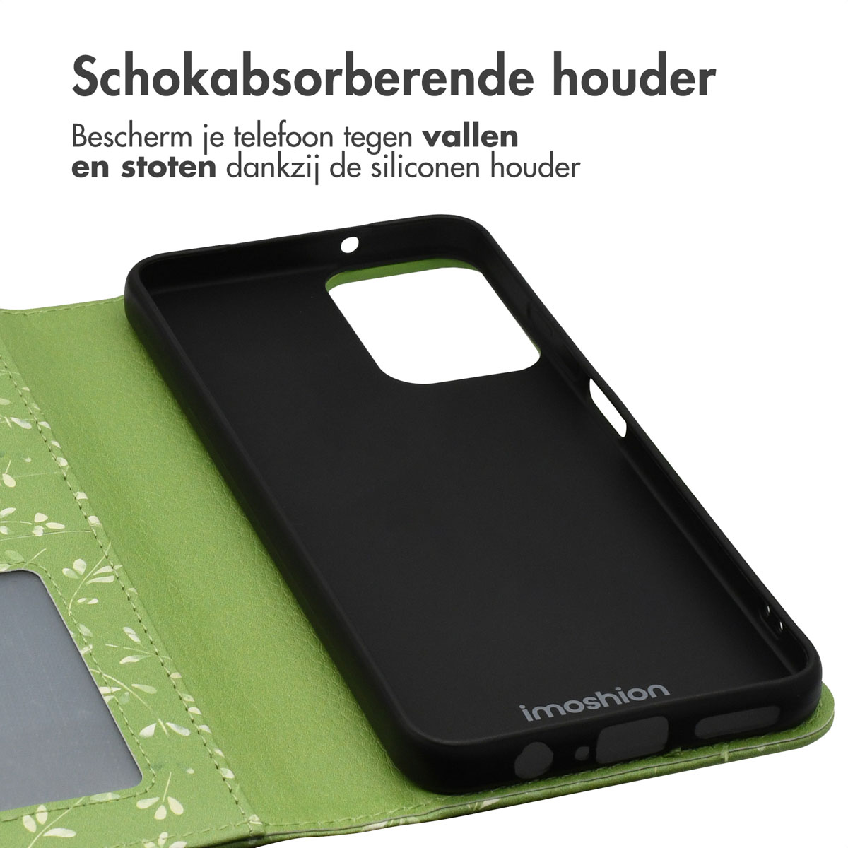 Open telefoonhoesje met een bloempatroon. Zwarte telefoon erin. Hoesje open met groen interieur.