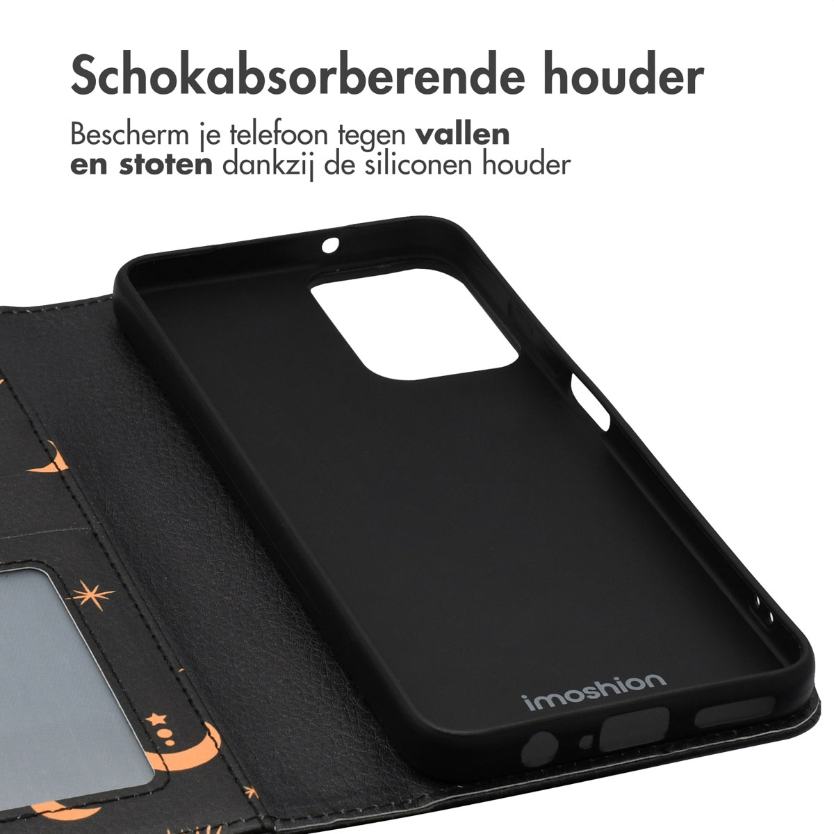 Open telefoonhoesje met zichtbare telefooncontour. Tekst: schokabsorberende houder, siliconen.