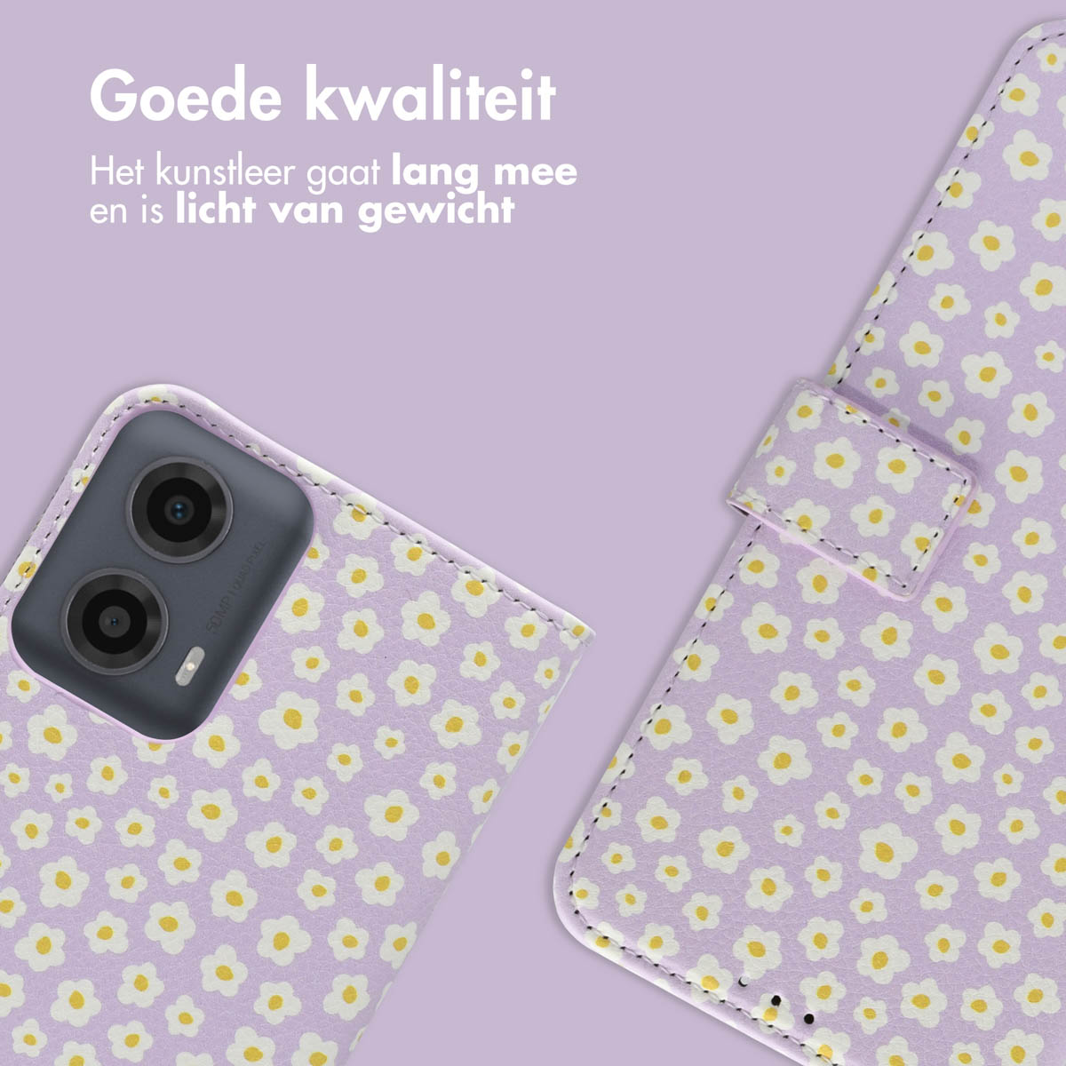 Telefoonhoesje met een madeliefjespatroon. Toont de hoes open en dicht.