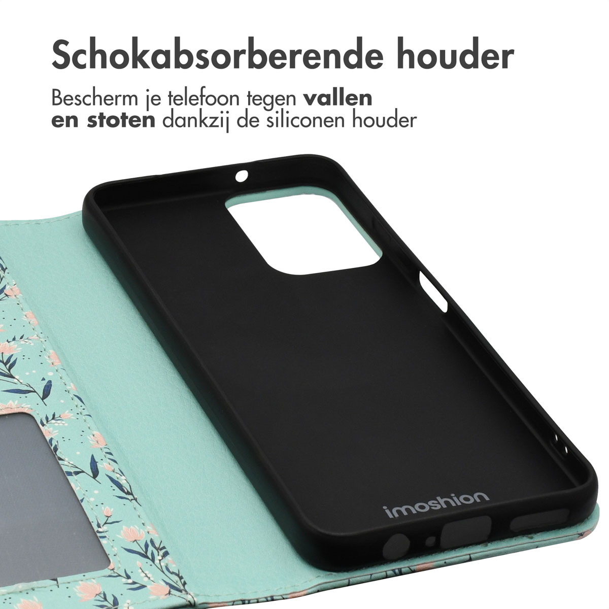 Open telefoonhoesje met bloemenontwerp, een zwarte telefoon erin. Turkoois en roze bloemenpatroon.