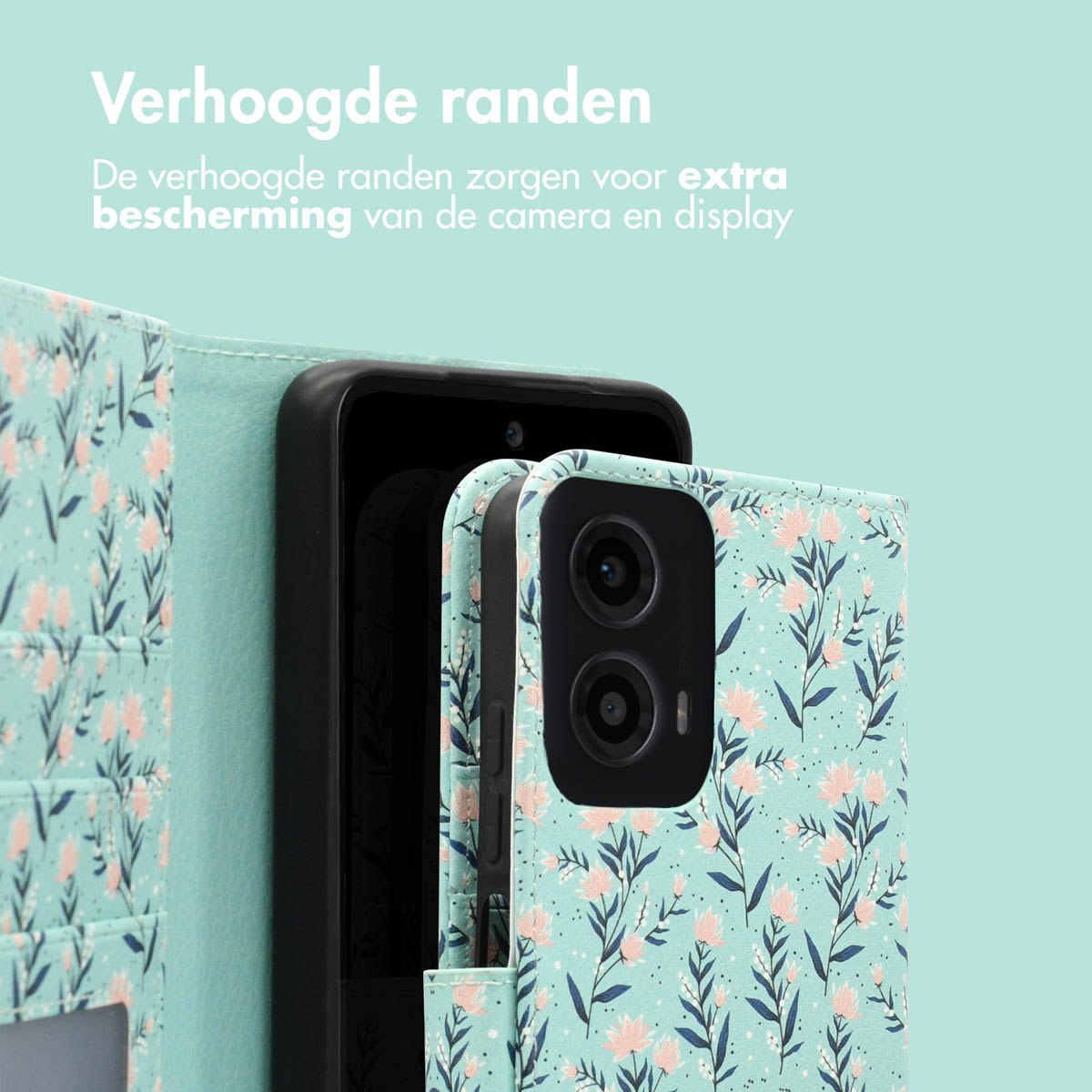 Telefoonhoesje met bloemenpatroon. De telefoon zit erin, en de case is open.