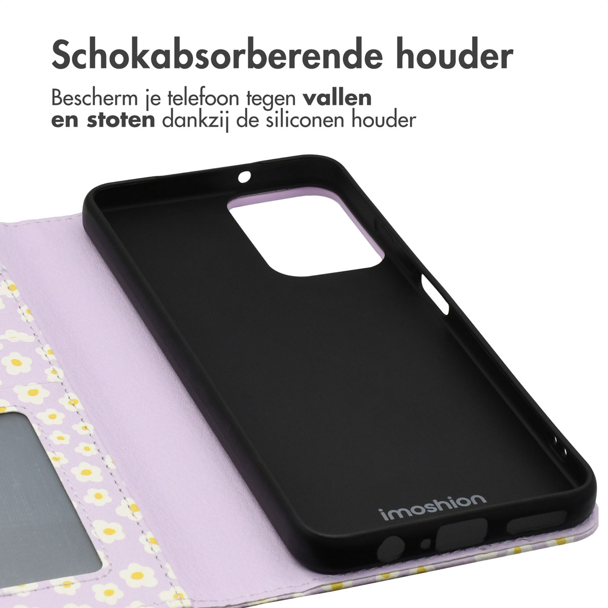 Zwarte telefoonhoes open, binnenkant, met bloemenpatroon op de cover.