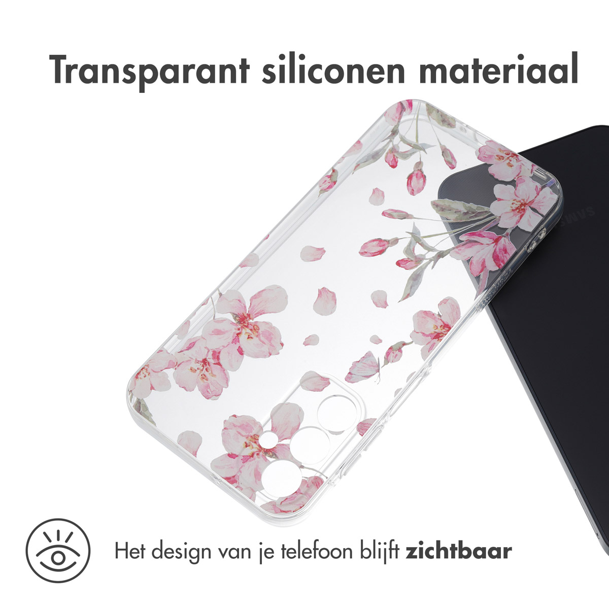 Transparante telefoonhoes met bloemenontwerp, geplaatst bij een zwarte telefoon.