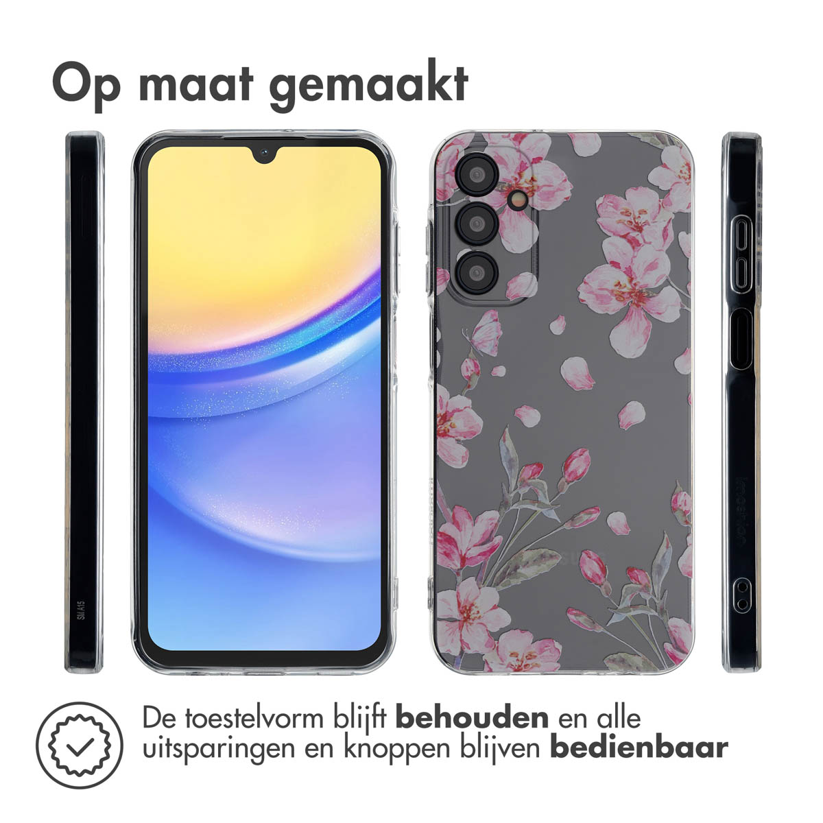 Telefoonhoesje met bloemenpatroon. De hoes vanuit verschillende hoeken weergegeven.