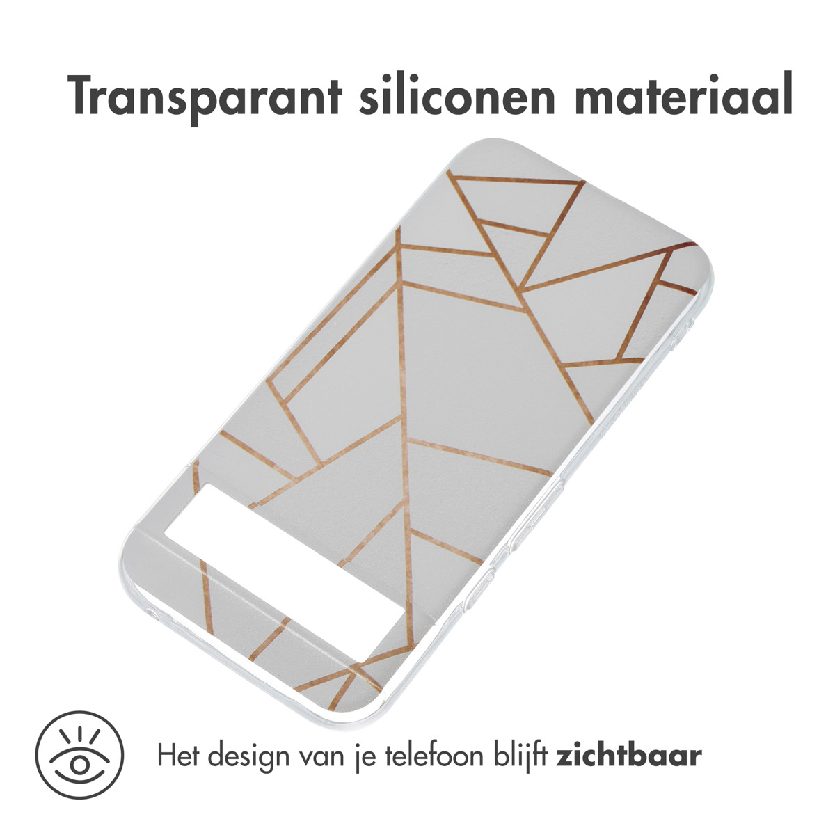 Klare Handyhülle mit goldenen geometrischen Linien. Telefon ist durch die Hülle sichtbar. Weißer Hintergrund.