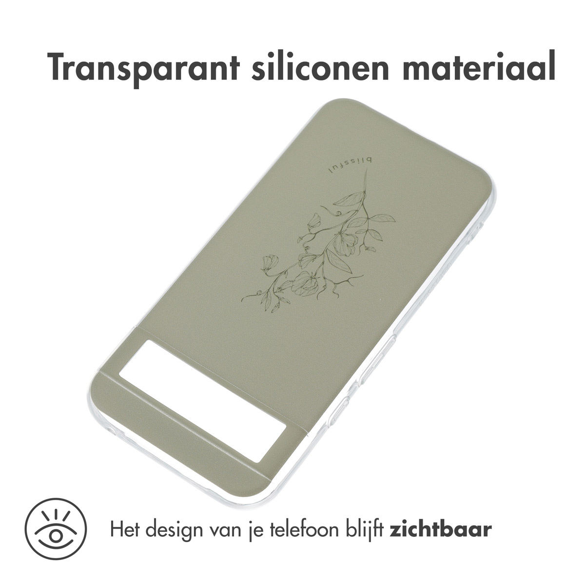 Transparente Handyhülle mit floralem Design. Text: 'Transparentes Silikonmaterial'.