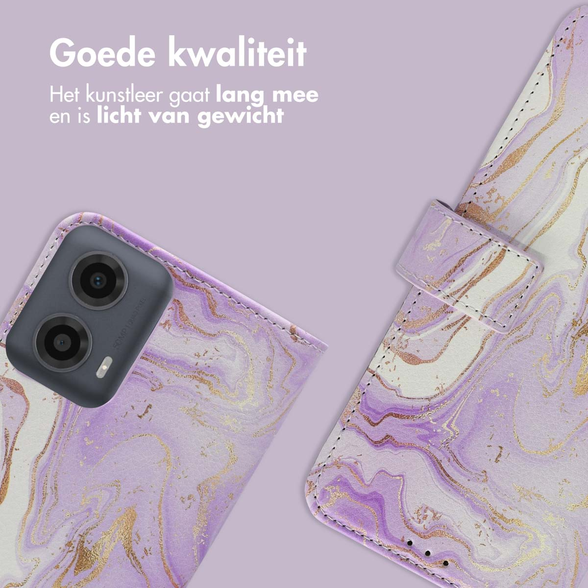 Coque de téléphone, gros plan. Design marbré en violet et or. Appareil photo visible.