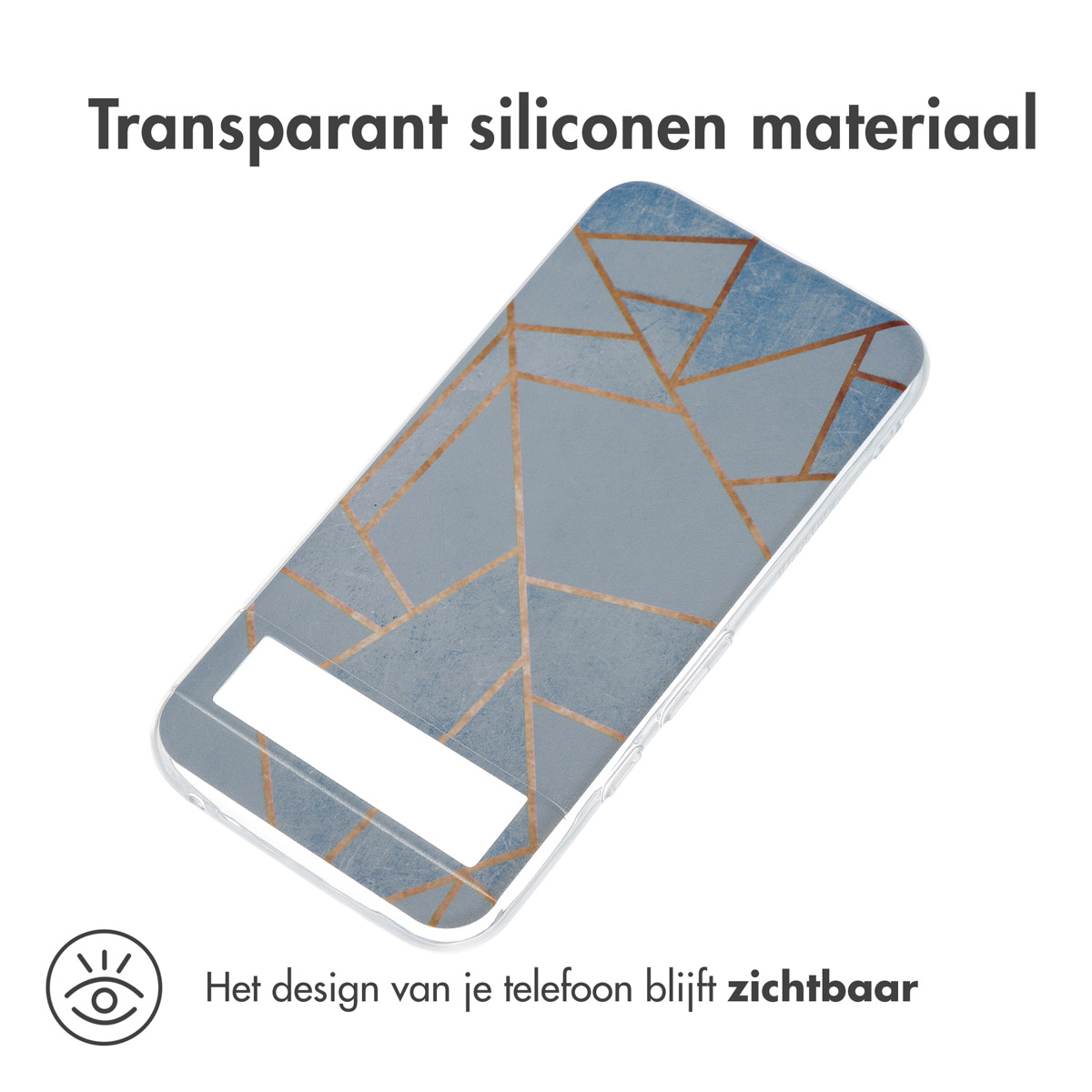 Transparente Handyhülle mit geometrischem Design, in der Nähe eines schwarzen Telefons.
