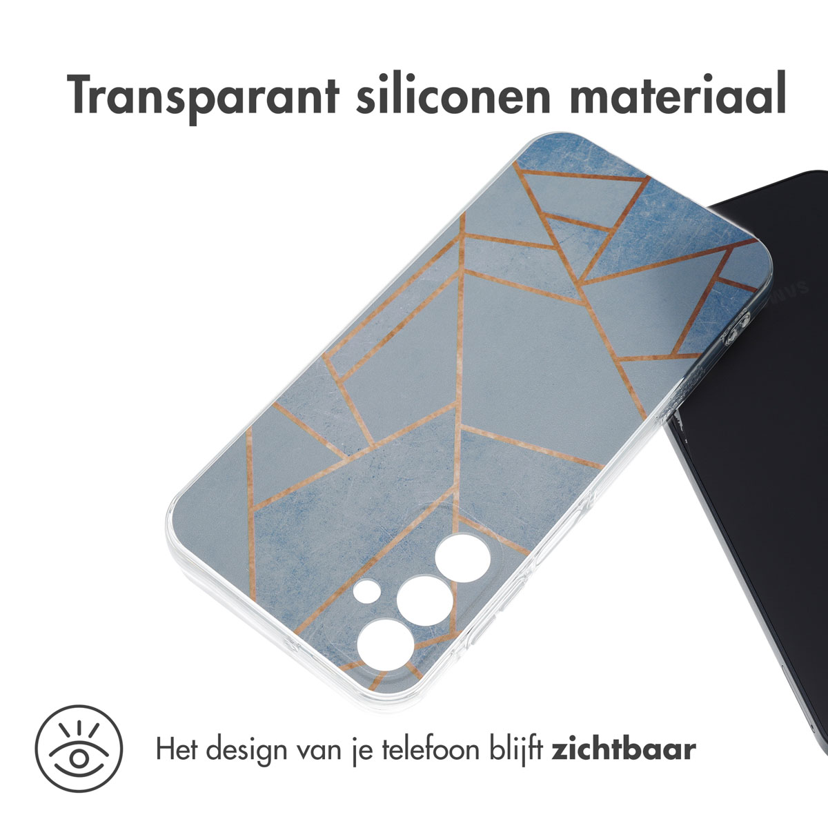 Transparant telefoonhoesje met geometrisch patroon. Blauw en goud design, zwarte telefoon.