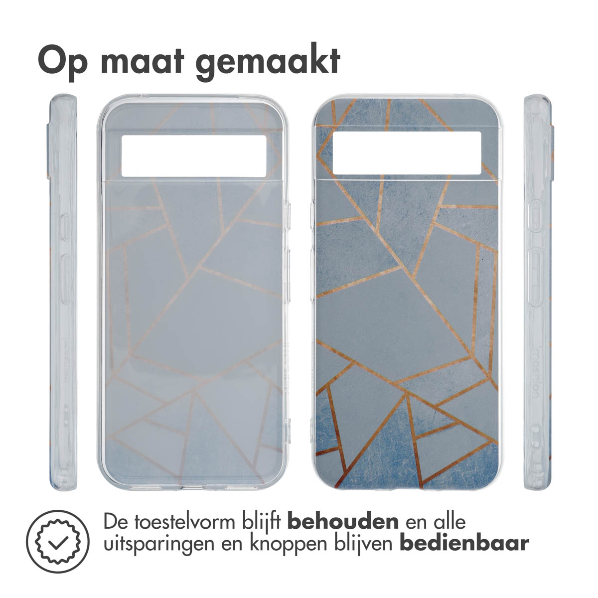 Handyhülle mit geometrischem Design. Die Hülle wird aus verschiedenen Winkeln gezeigt.