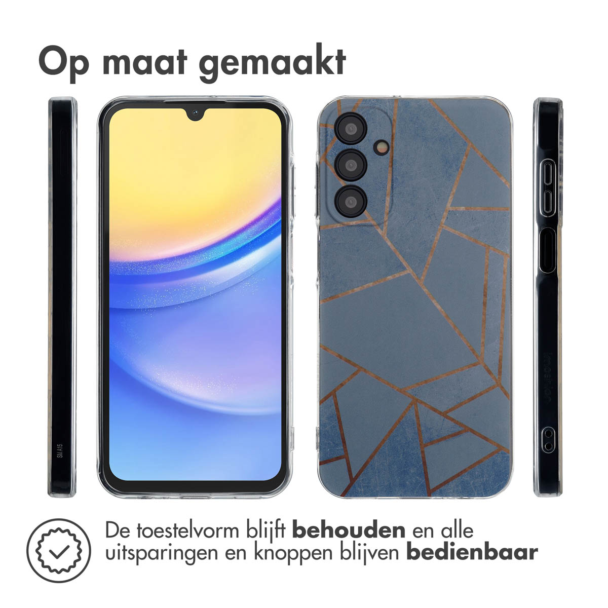 Telefoon en hoesje, met voor-, achter- en zijaanzicht van een patroonhoesje.