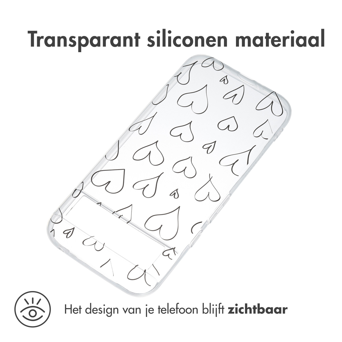 Transparente Handyhülle mit Herzmuster. Text: 'Transparentes Silikonmaterial'.