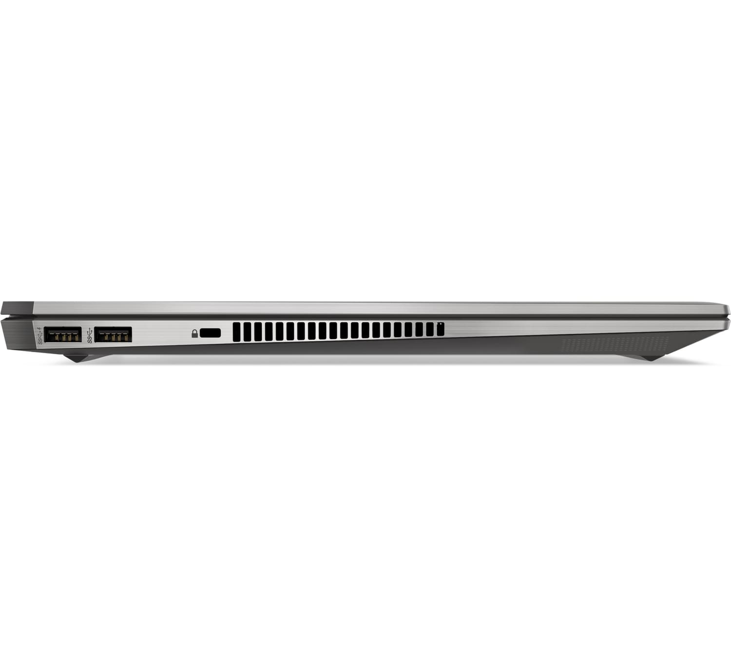 Laptop side view. Shows ports and features including USB, and power ports.