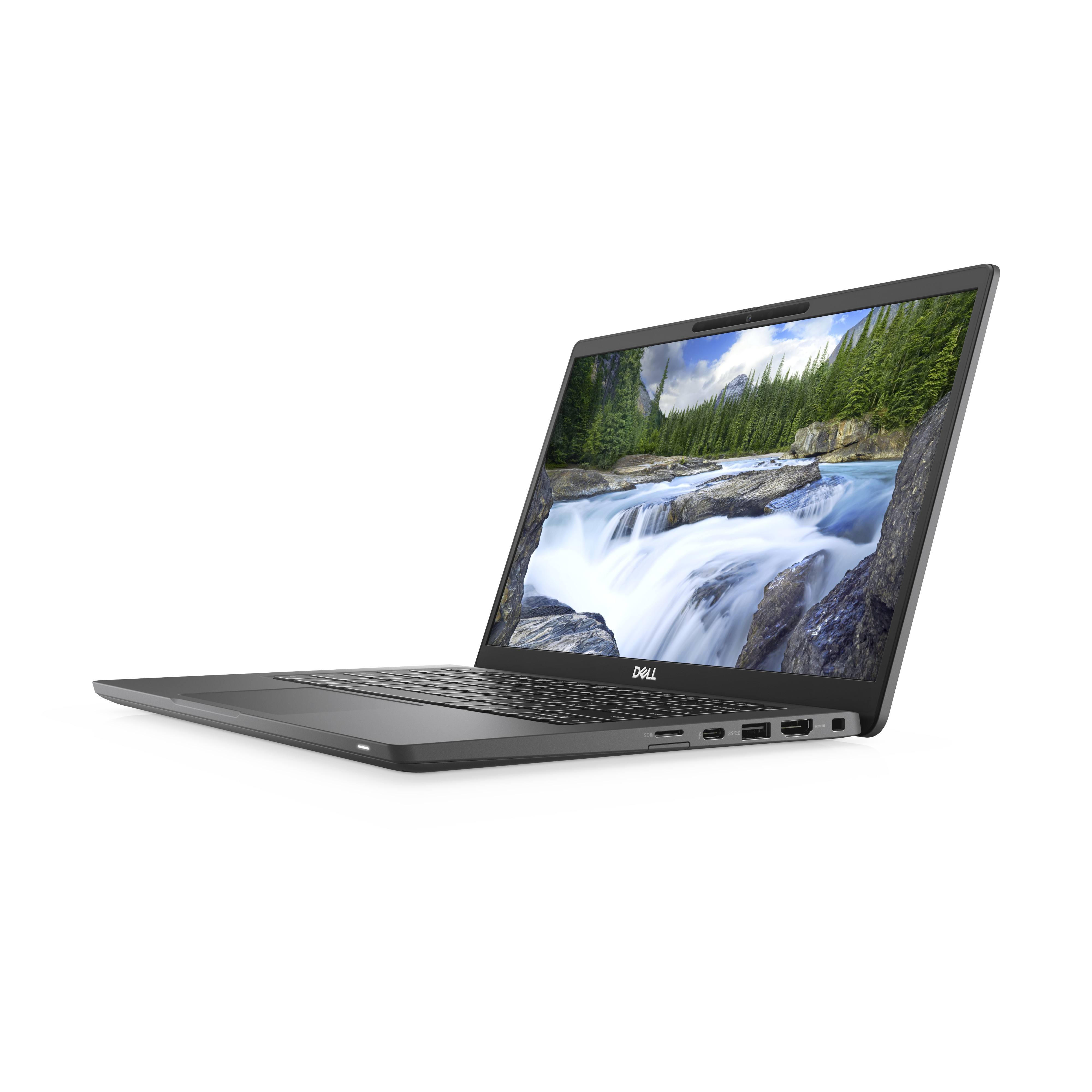 Dell-Laptop offen, zeigt Wasserfalllandschaft. Graues Gehäuse, schwarzer Rahmen. Weißer Hintergrund.