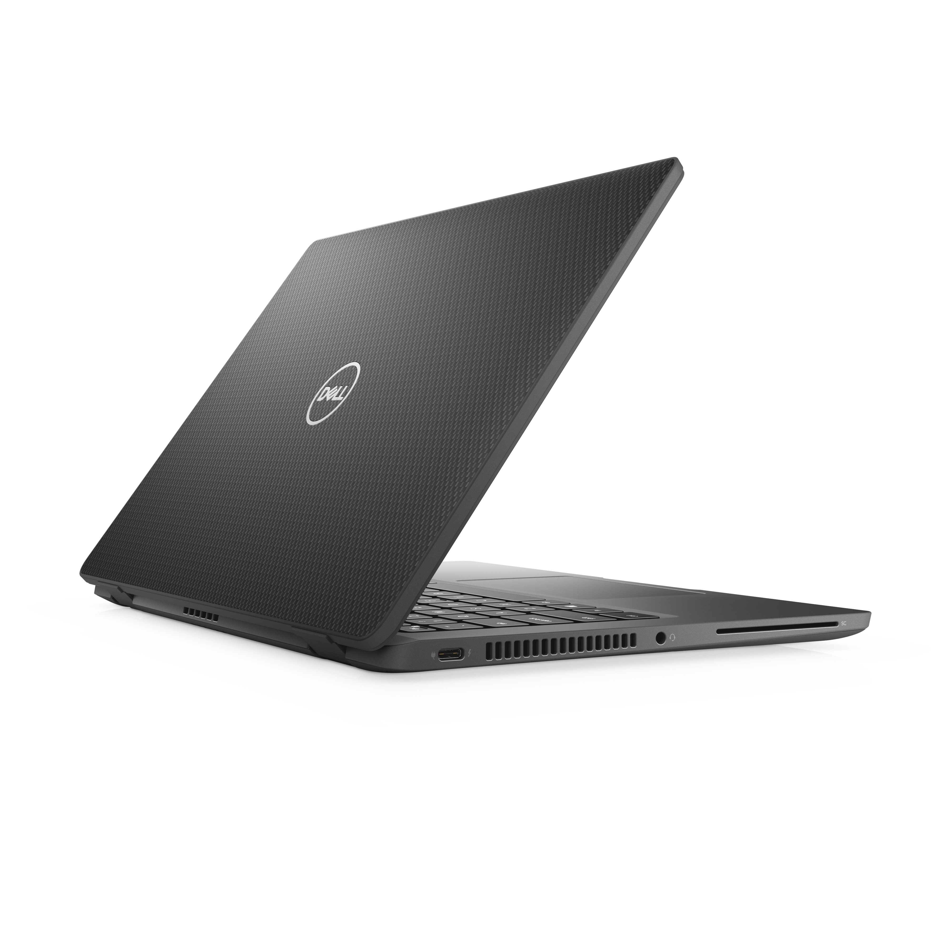 Schwarzer Laptop, geöffnet, angewinkelte Ansicht. Dell-Logo sichtbar. Der Deckel ist leicht geöffnet, Tastatur sichtbar.