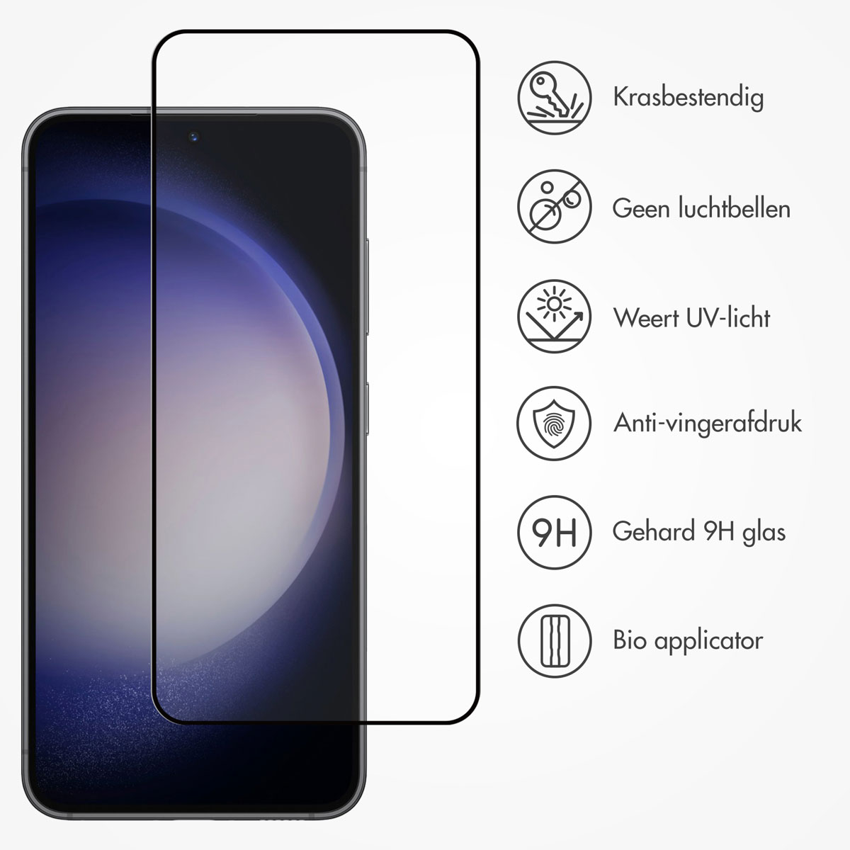 Un téléphone avec un protecteur d'écran et des icônes avec des descriptions: résistant aux rayures, sans bulles.