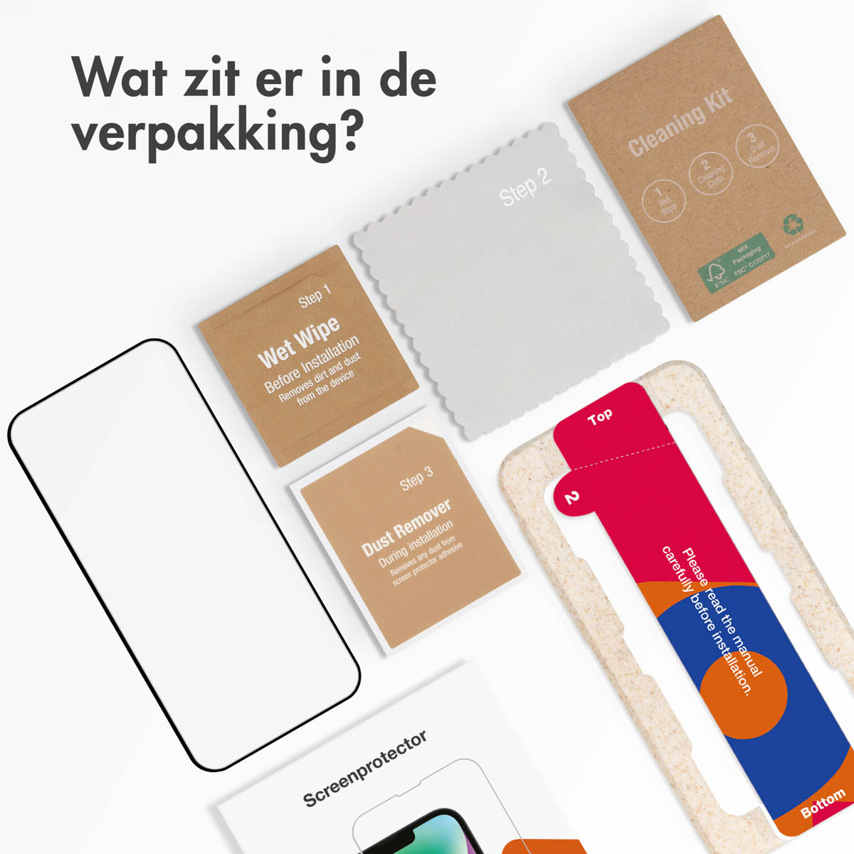 Uitgepakte telefoon screenprotector kit. Inclusief schoonmaakgereedschap, screenprotector en handleiding.
