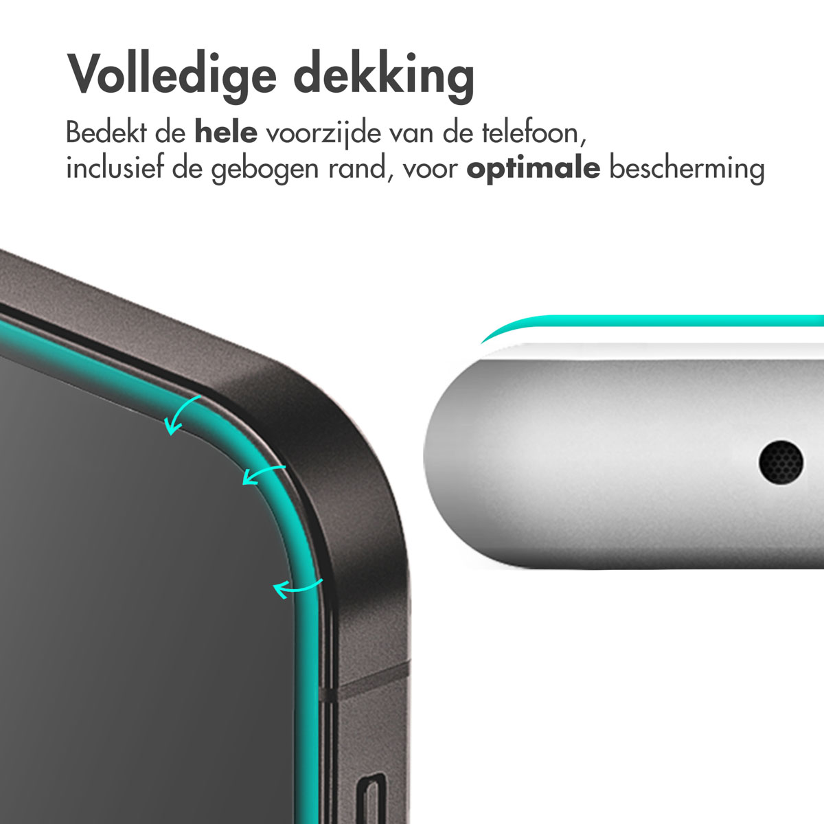 Telefoonhoesje beschermt het scherm. Randen gemarkeerd met turquoise.