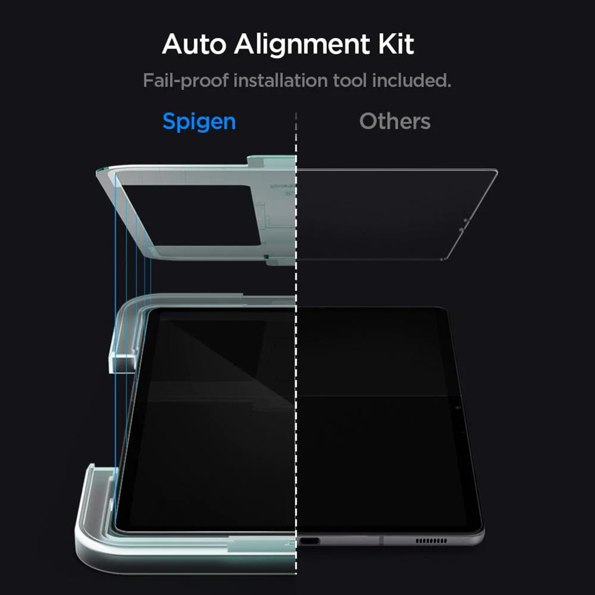 Un tablet con un kit di applicazione per la protezione dello schermo, con sfondo nero.
