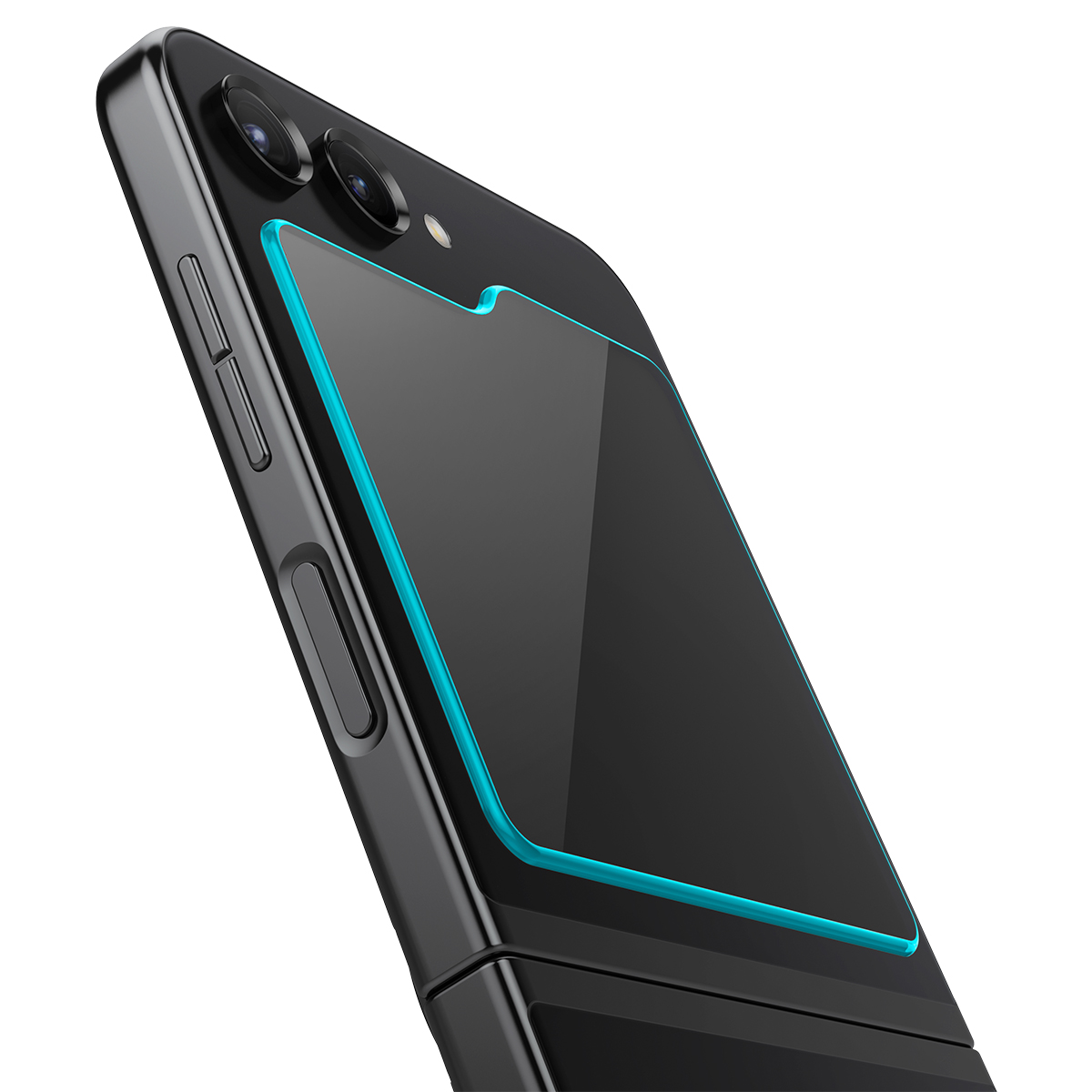 Telefono nero con protezione schermo applicata, che mostra le lenti della fotocamera.