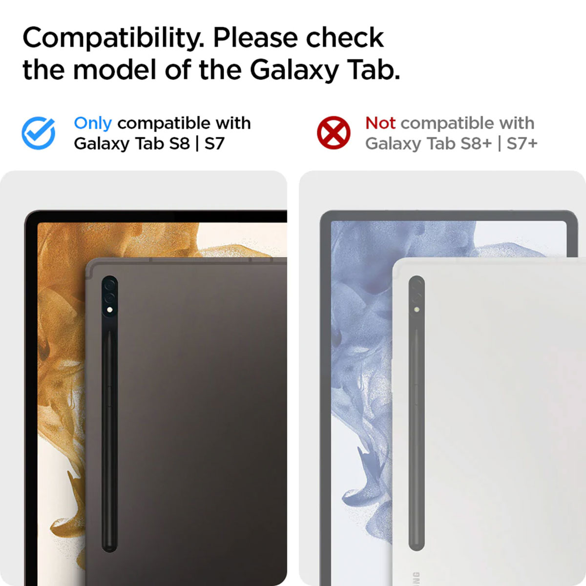 Immagine con tablet, mostra compatibilità. Testo: Compatibile con Galaxy Tab S8 | S7. Non con S8+ | S7+.