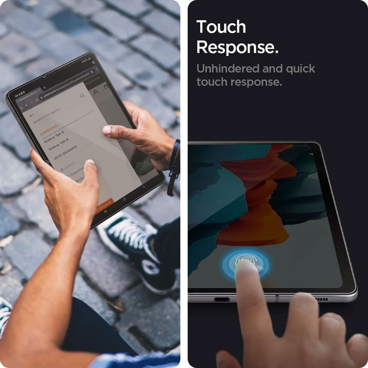 Mani che tengono un tablet. Testo: Touch Response. Risposta touch rapida. Impronta digitale sullo schermo.