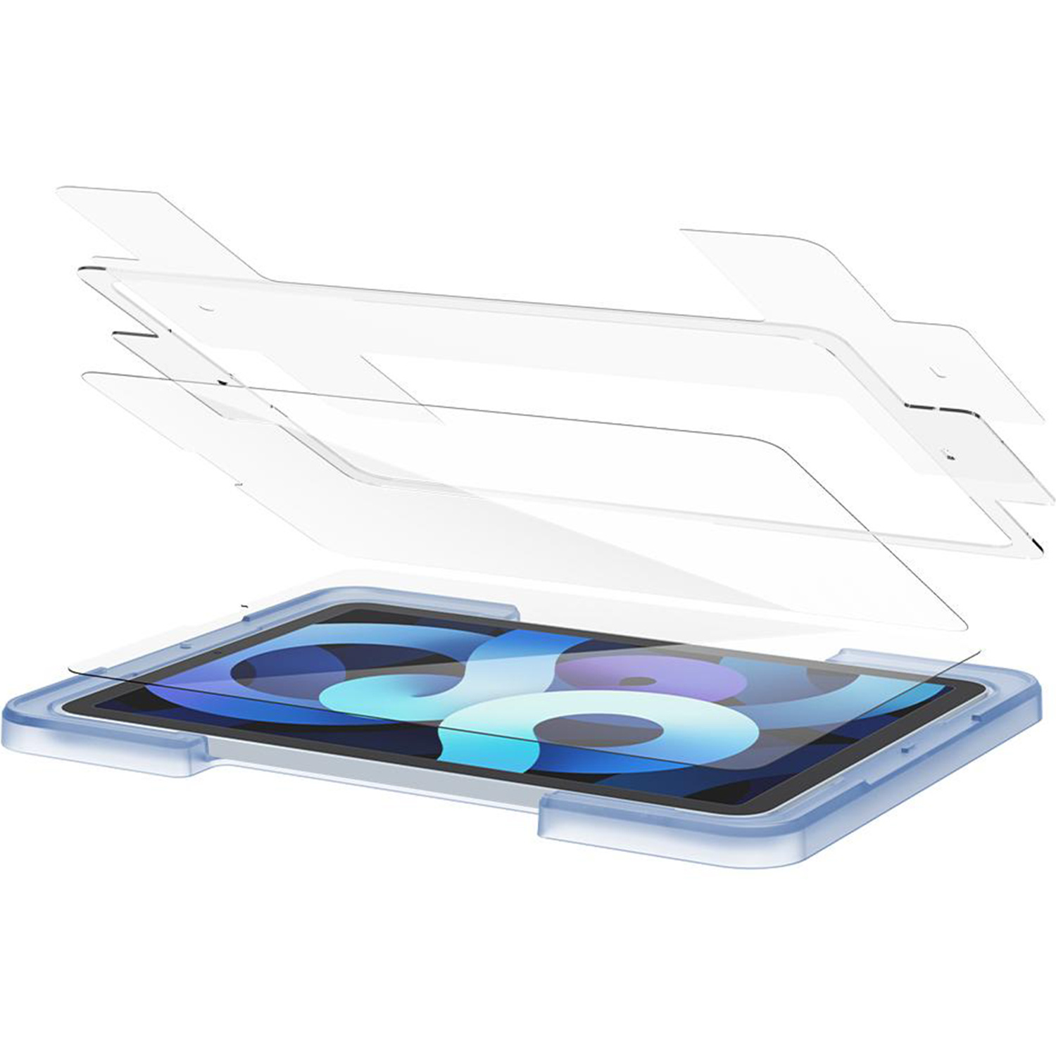 Ochraniacze ekranu w niebieskiej ramce, z tabletem, pokazujące warstwy ochrony.