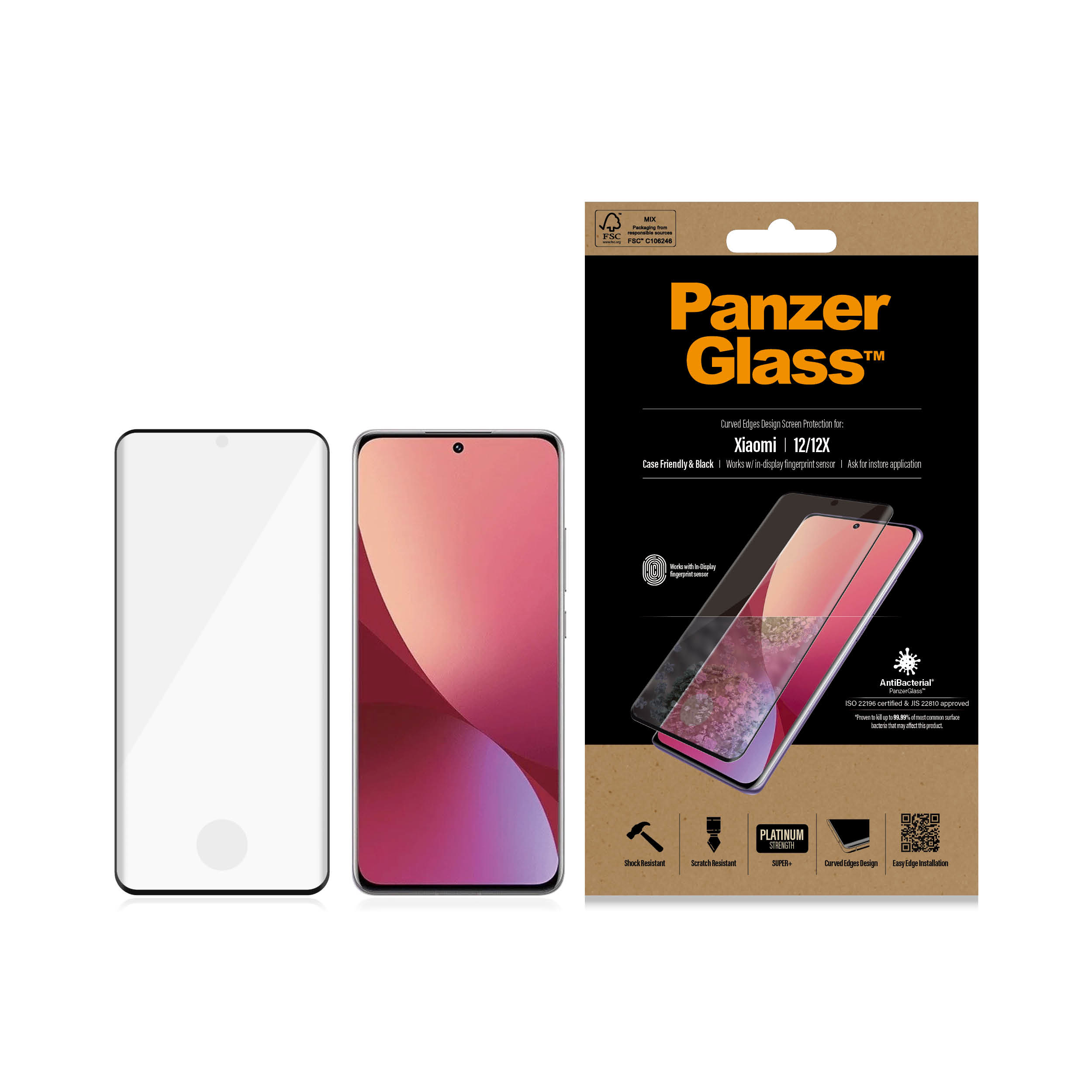 Telefono con protezione schermo e confezione. Testo: PanzerGlass. Design bordi curvi. Antibatterico.