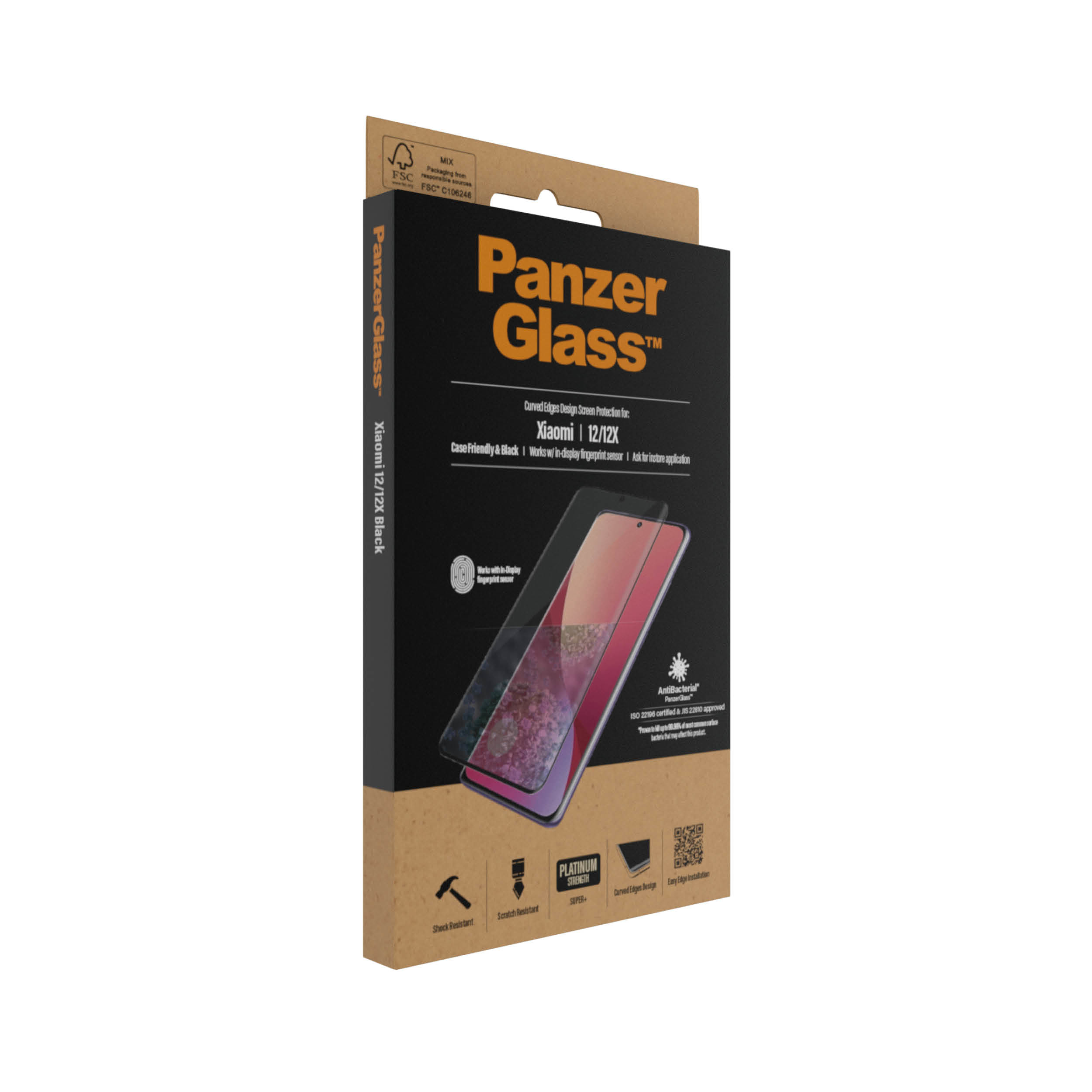 Scatola per una protezione schermo. Testo: PanzerGlass. Xiaomi 12/12X black.