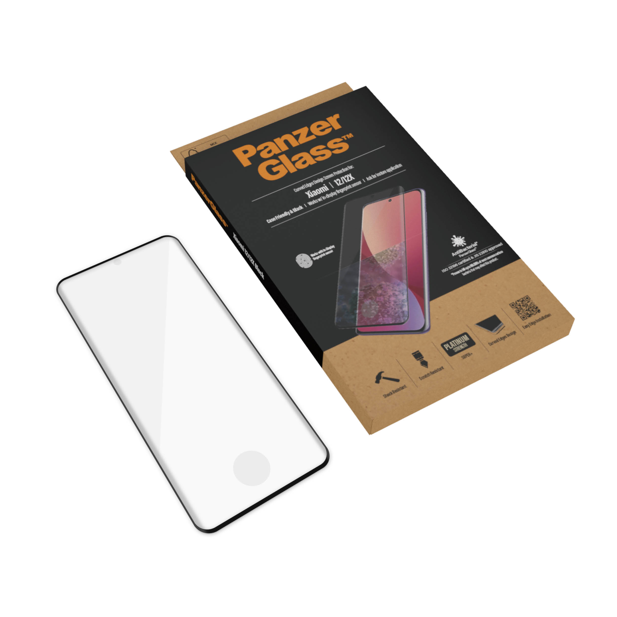 Scatola con protezione schermo per telefono e protezione accanto. Sfondo bianco.