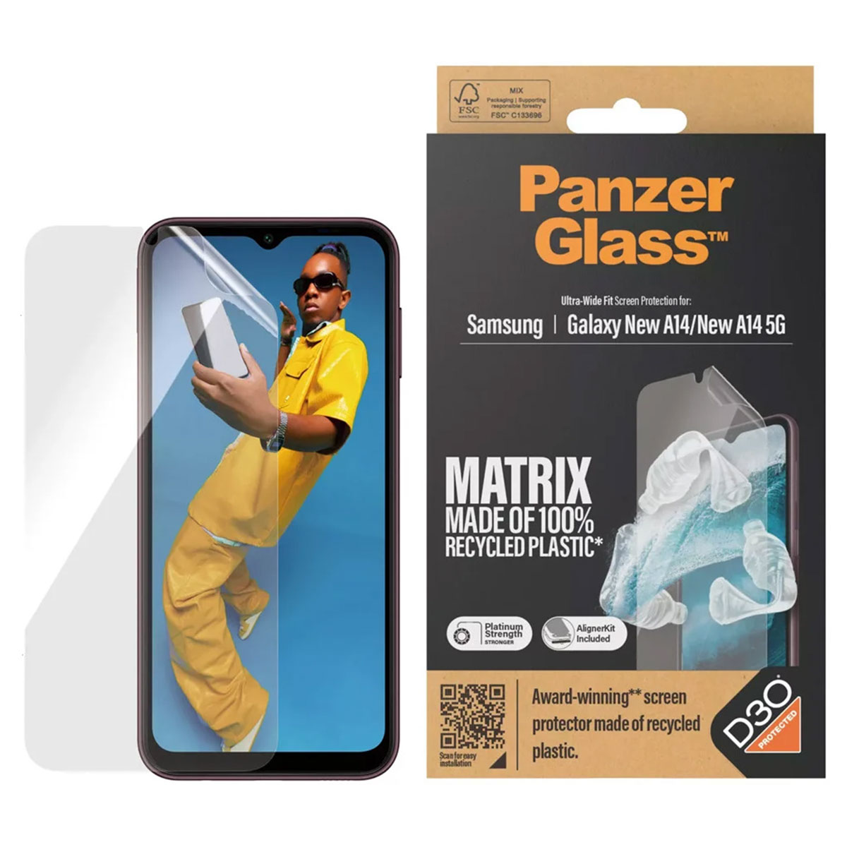 Uno smartphone con una protezione per lo schermo, una persona con abiti gialli e una scatola PanzerGlass.