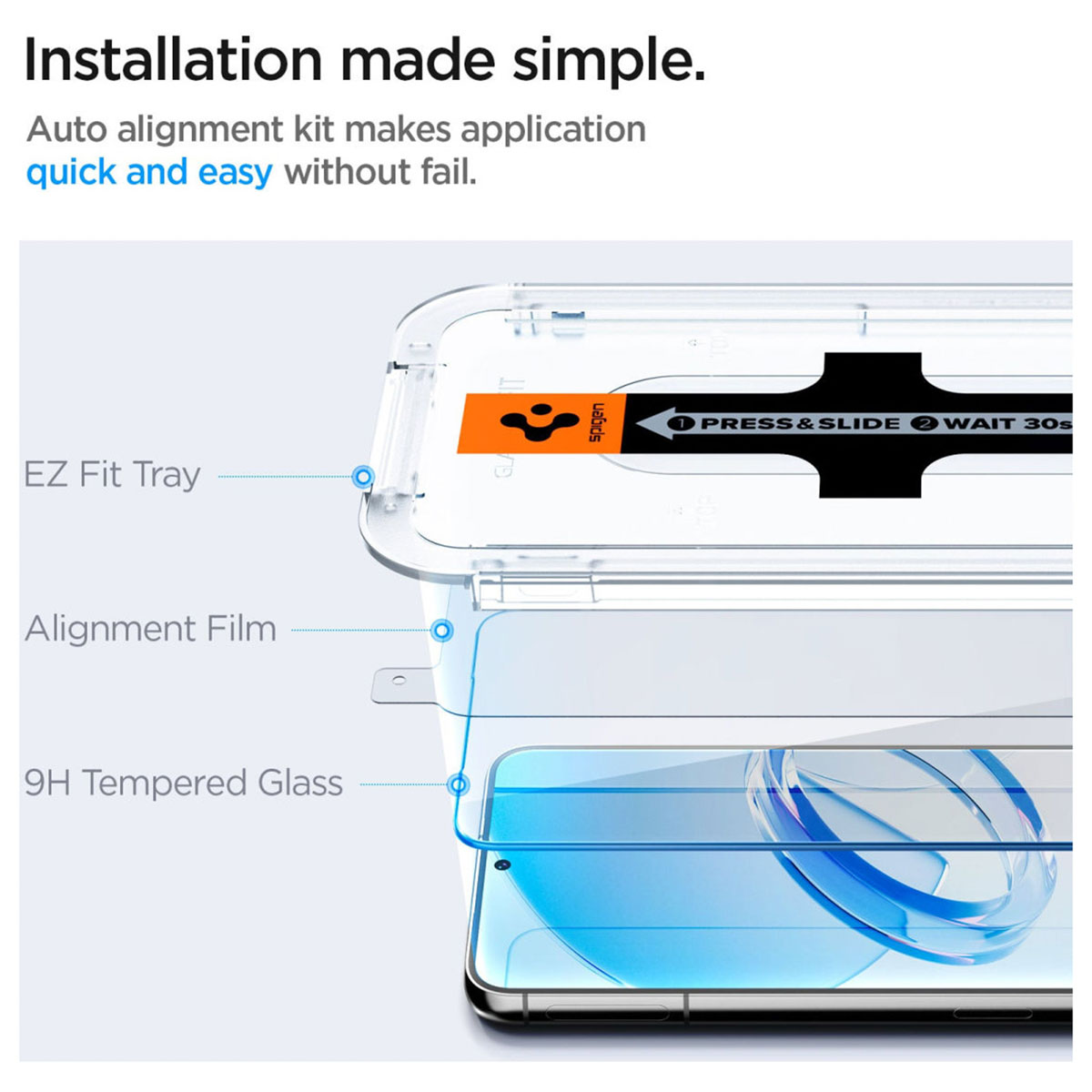 Zestaw instalacyjny z telefonem i warstwami ochraniacza ekranu. Białe tło, instrukcje na pudełku.