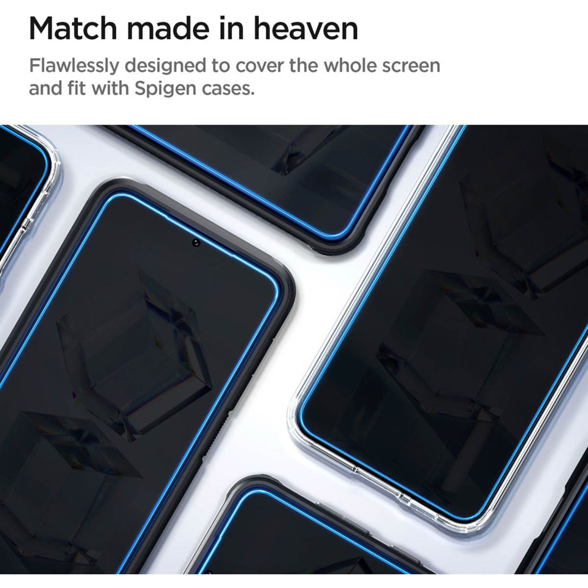 Folie ochronne na różnych telefonach. Otoczone niebieskimi akcentami.