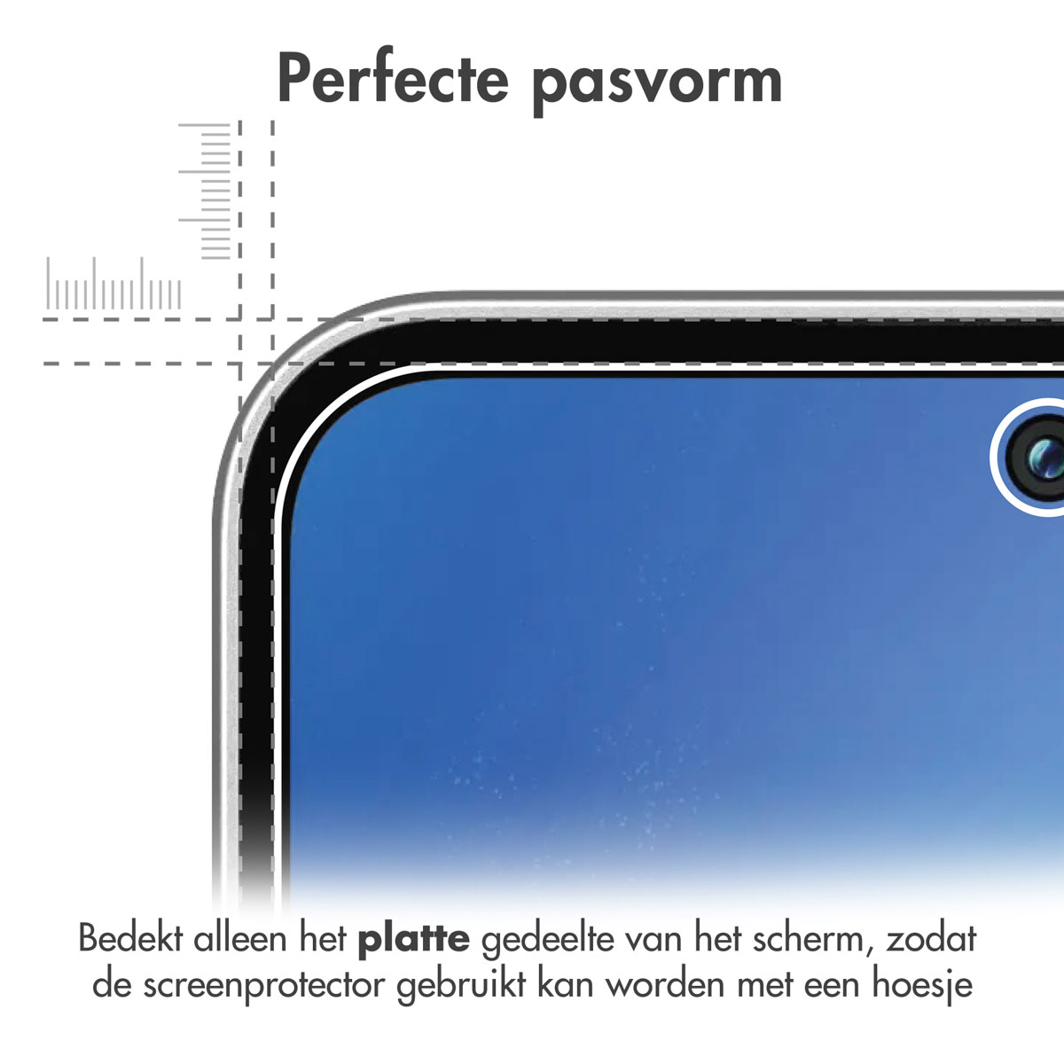 Een close-up van een smartphonescherm met een schermbeschermer, met meetlijnen rond de rand.