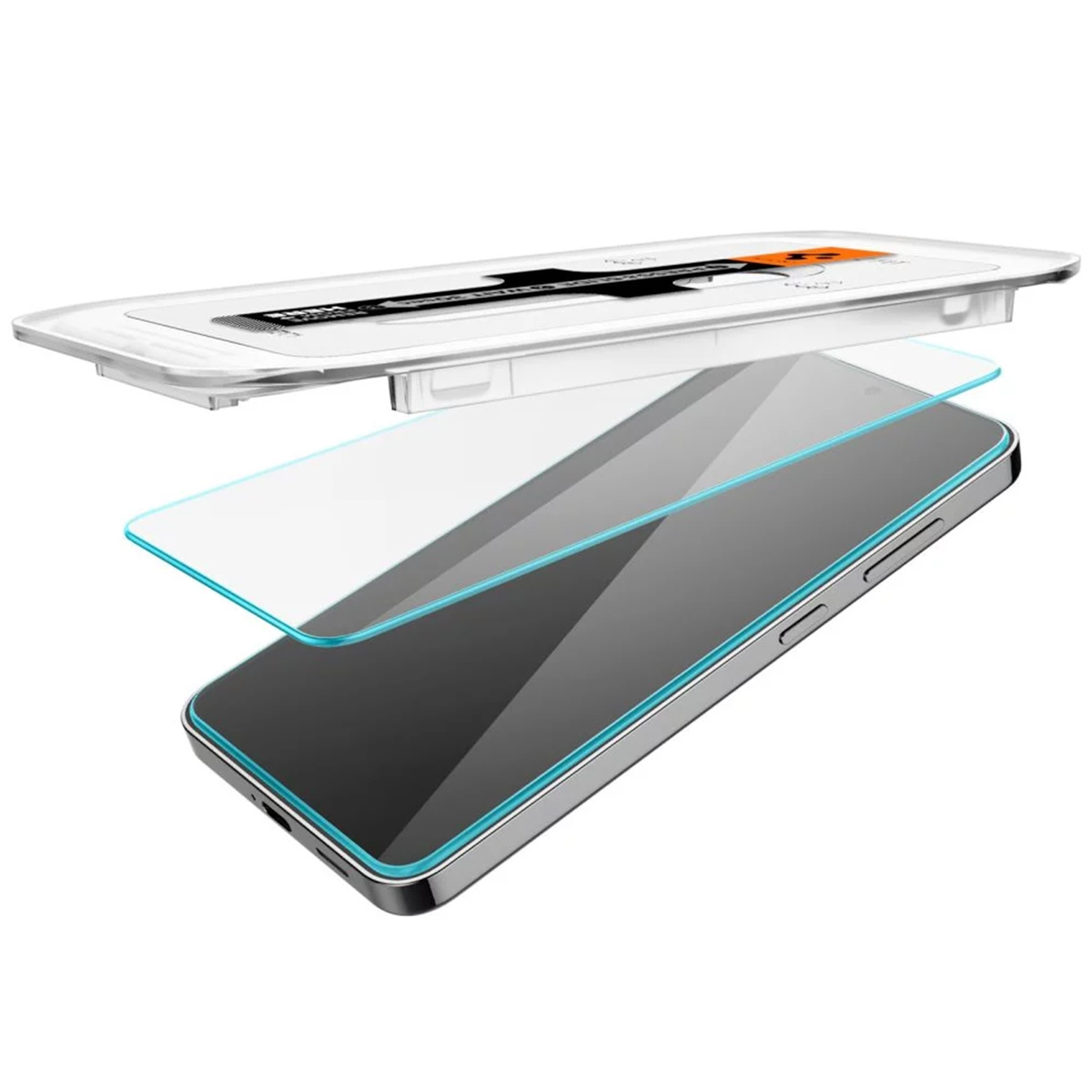 Telefon z ochraniaczem ekranu i zestawem do aplikacji. Widok rozwarstwiony pokazuje warstwy.