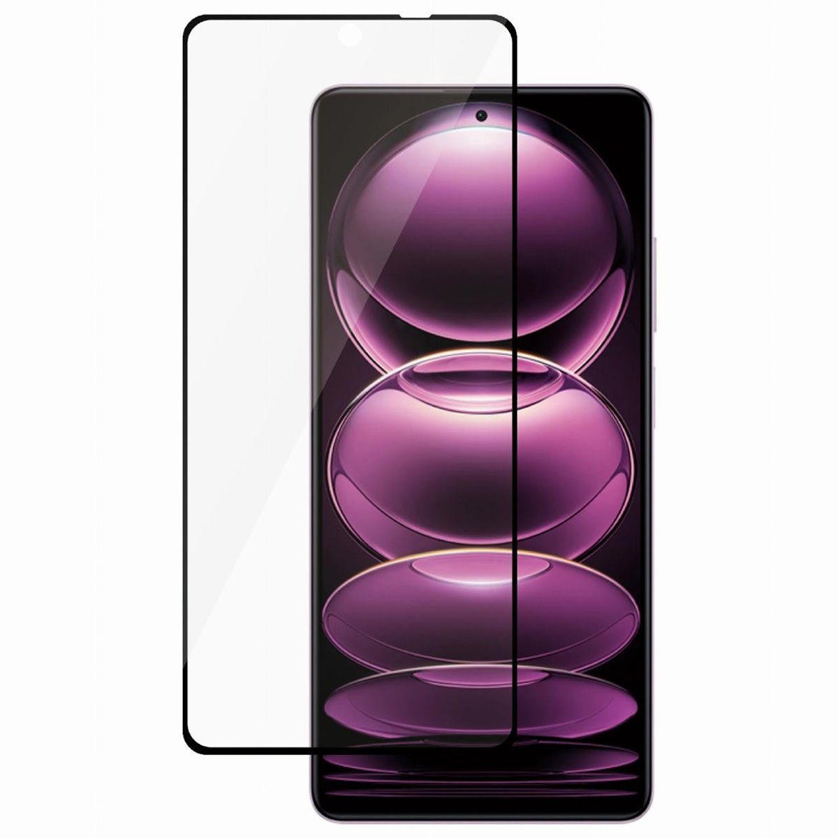 Una protezione schermo trasparente su schermo di telefono viola. Bordo nero.