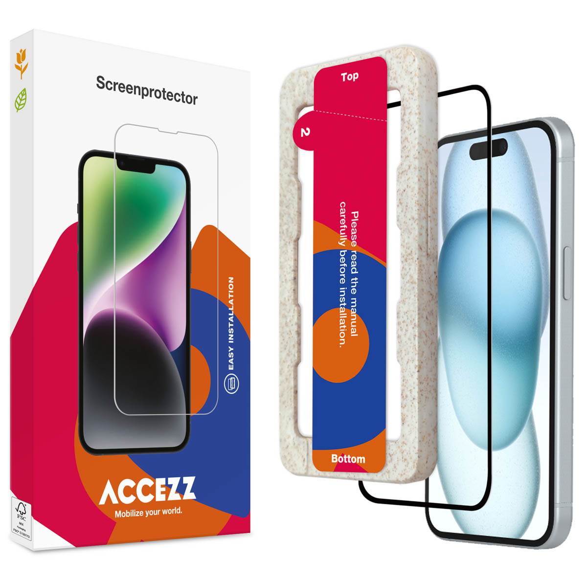 Boîte de téléphone et de protection d'écran, avec la protection partiellement installée. Le téléphone est dans la boîte.