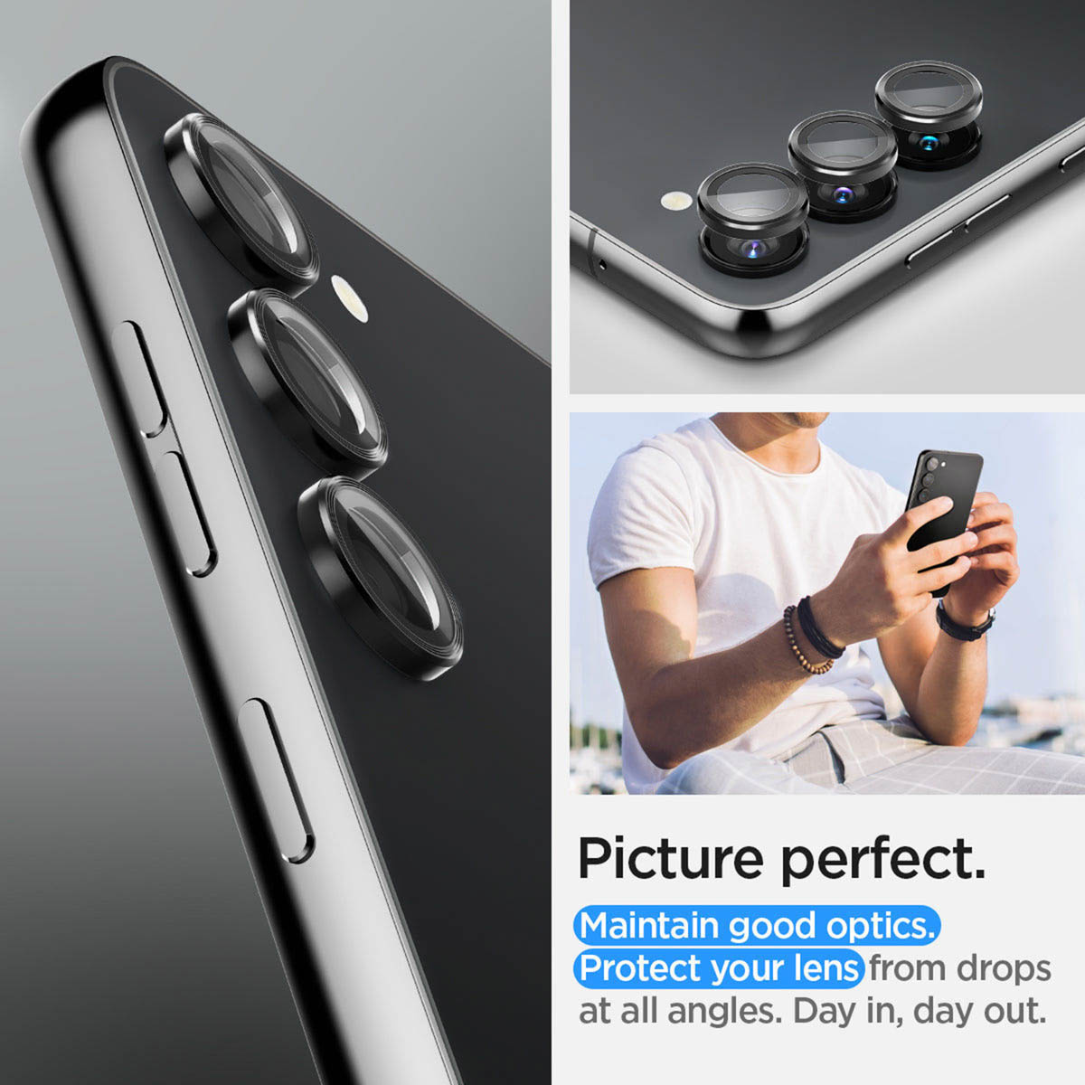Close-up of phone lenses and a person holding the phone with a bracelet on.