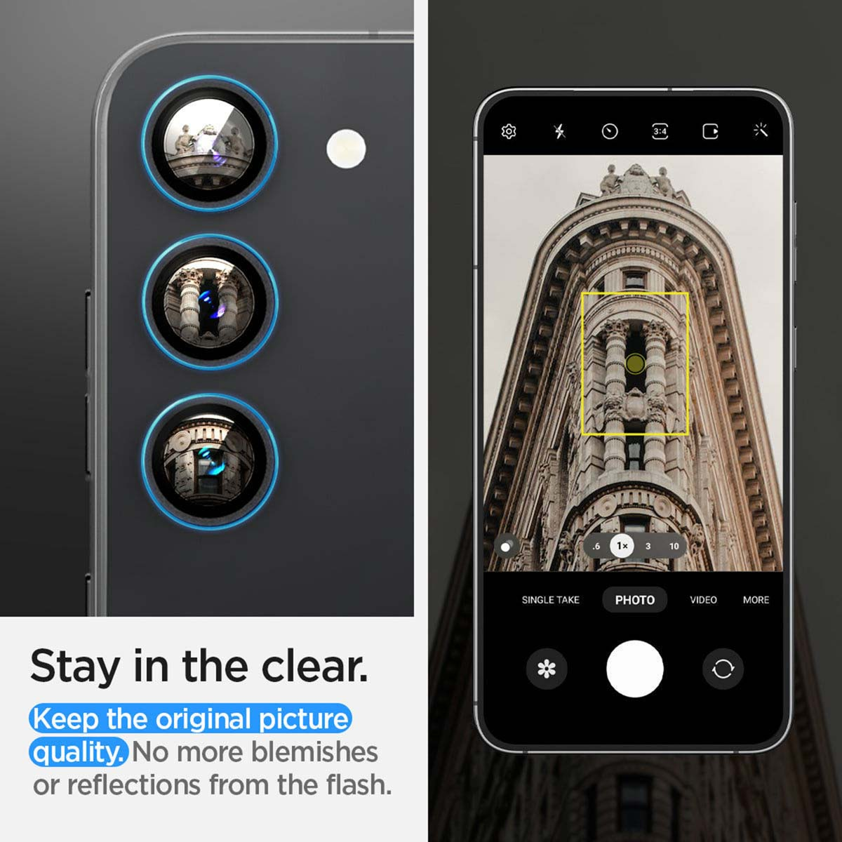 Phone's camera lenses, phone screen displaying a building, with text 'Stay in the clear'.