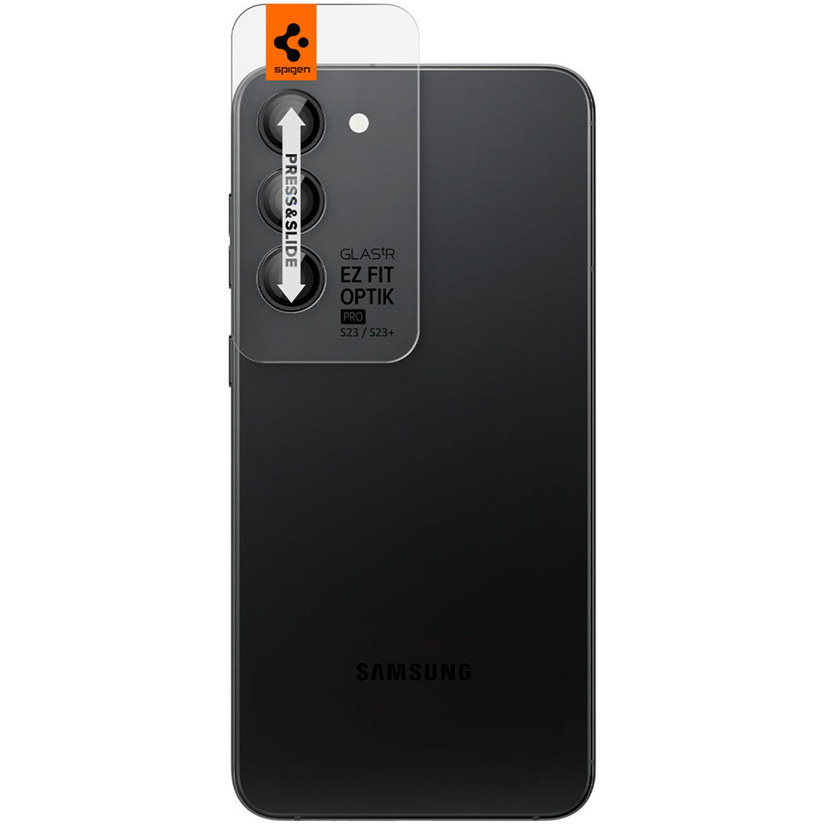 Black phone with lens protector installed. Protector has alignment guide and branding.