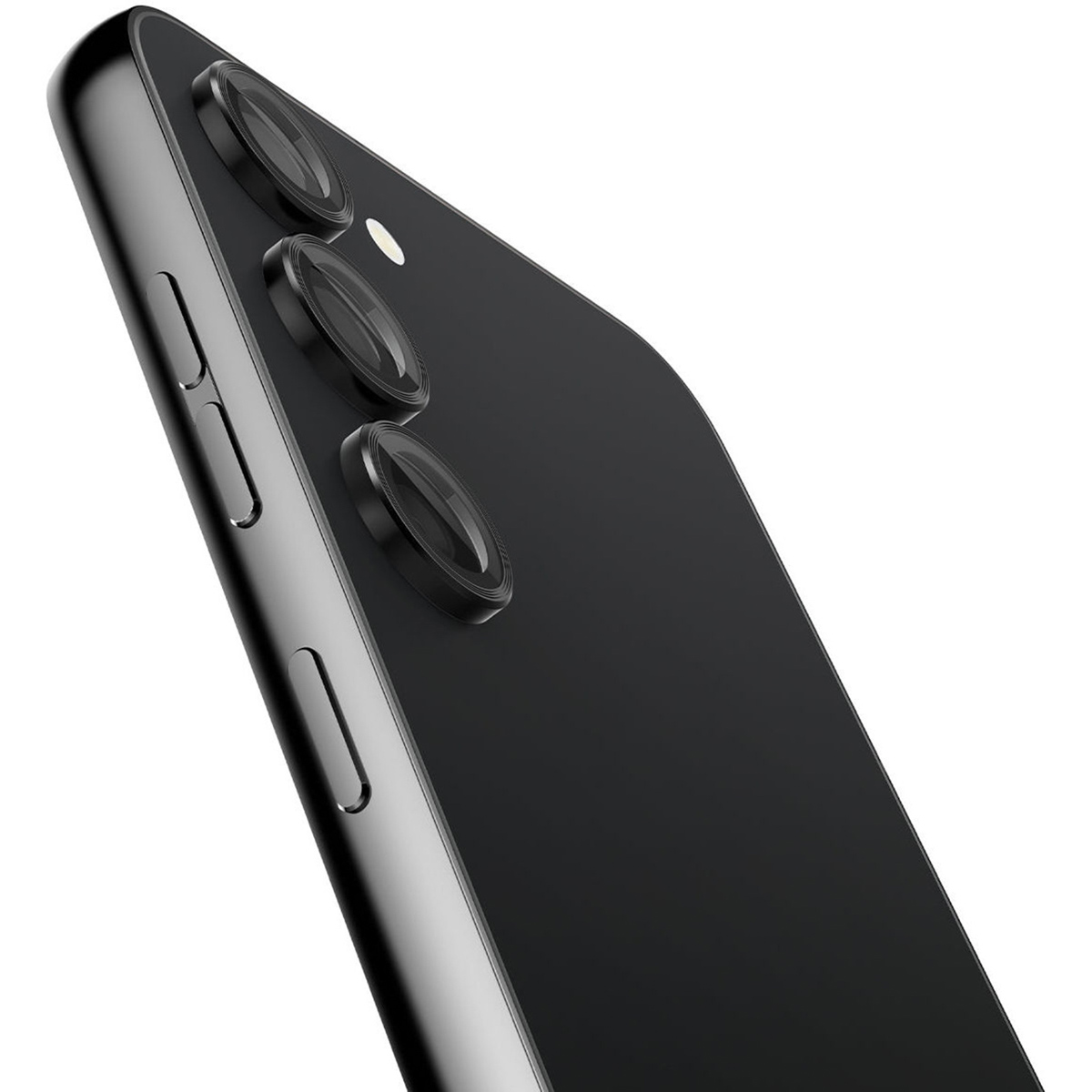 Close-up of a black phone with three rear cameras and a flash.